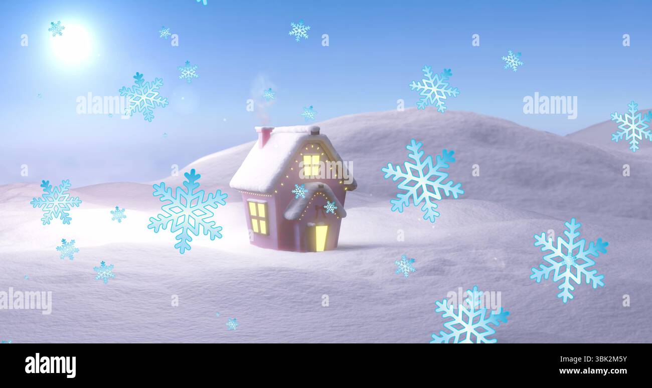 Kleines Haus, das Licht durch Fenster auf einem schneebedeckten Hügel unter schwebenden Schneeflocken erleuchtet Stockfoto