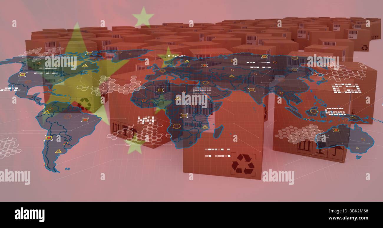Füllen von Kartonschachteln mit Recycling-Codes im Depot, Weltkarten-Netzwerkinformationen über chinesischer Flagge Stockfoto