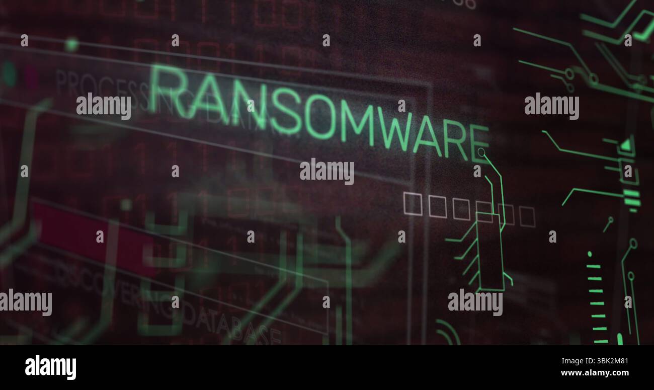 Anzeige neongrüner Ransomware-Text, der auf dem digitalen Sicherheits-Dashboard blinkt, mit Schaltplänen Stockfoto
