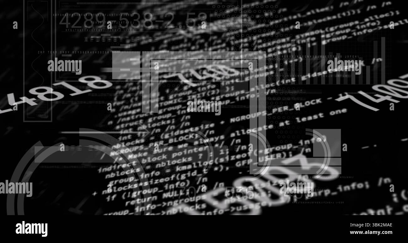 Schwebende weiße Codeblöcke mit numerischen Overlays, schwachen Rechtecken, Balkendiagrammen, Glyphen auf dem Dashboard Stockfoto