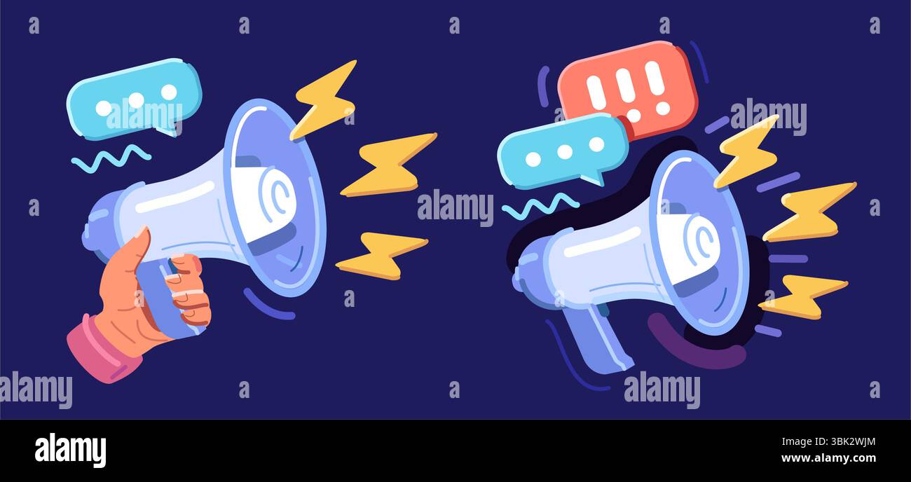 Megaphon oder Lautsprecher. Wichtige Bekanntmachung, Werbung und Marketing, Werbeemblem Stock Vektor
