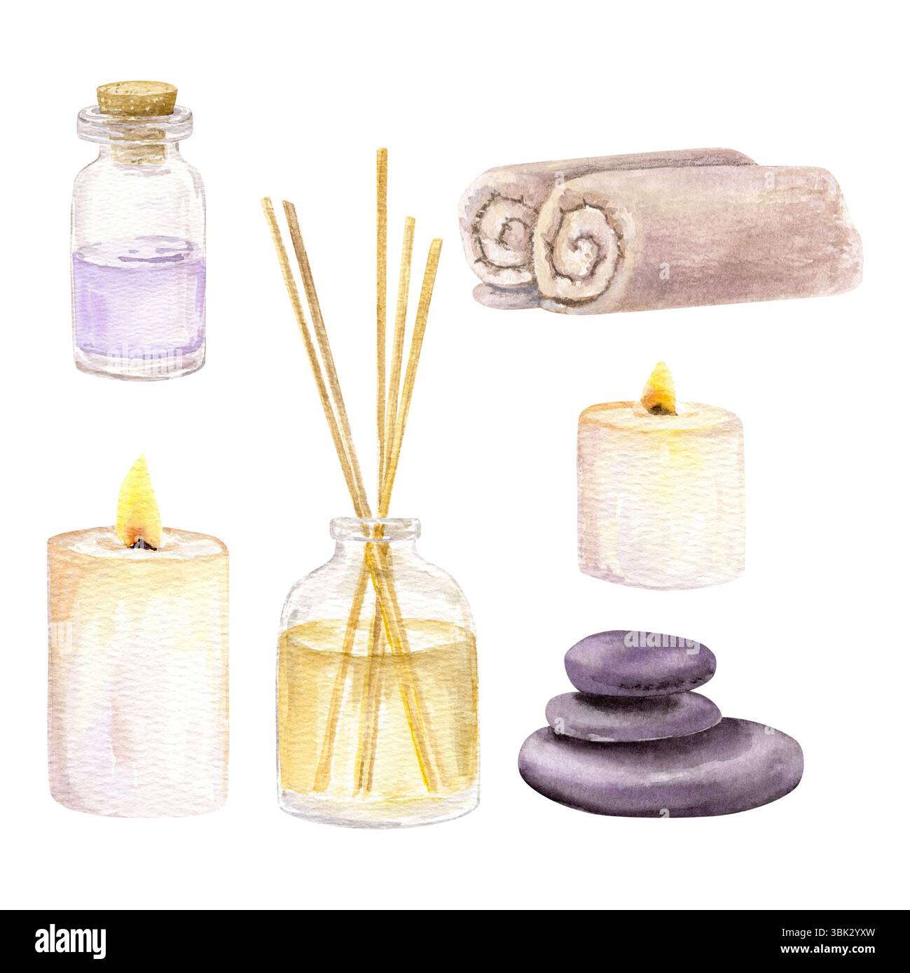 Handgezeichnetes Set von Aromakerzen, Diffusor mit ätherischem Öl, Handtücher, Steine und Flasche mit Aromaöl Stockfoto