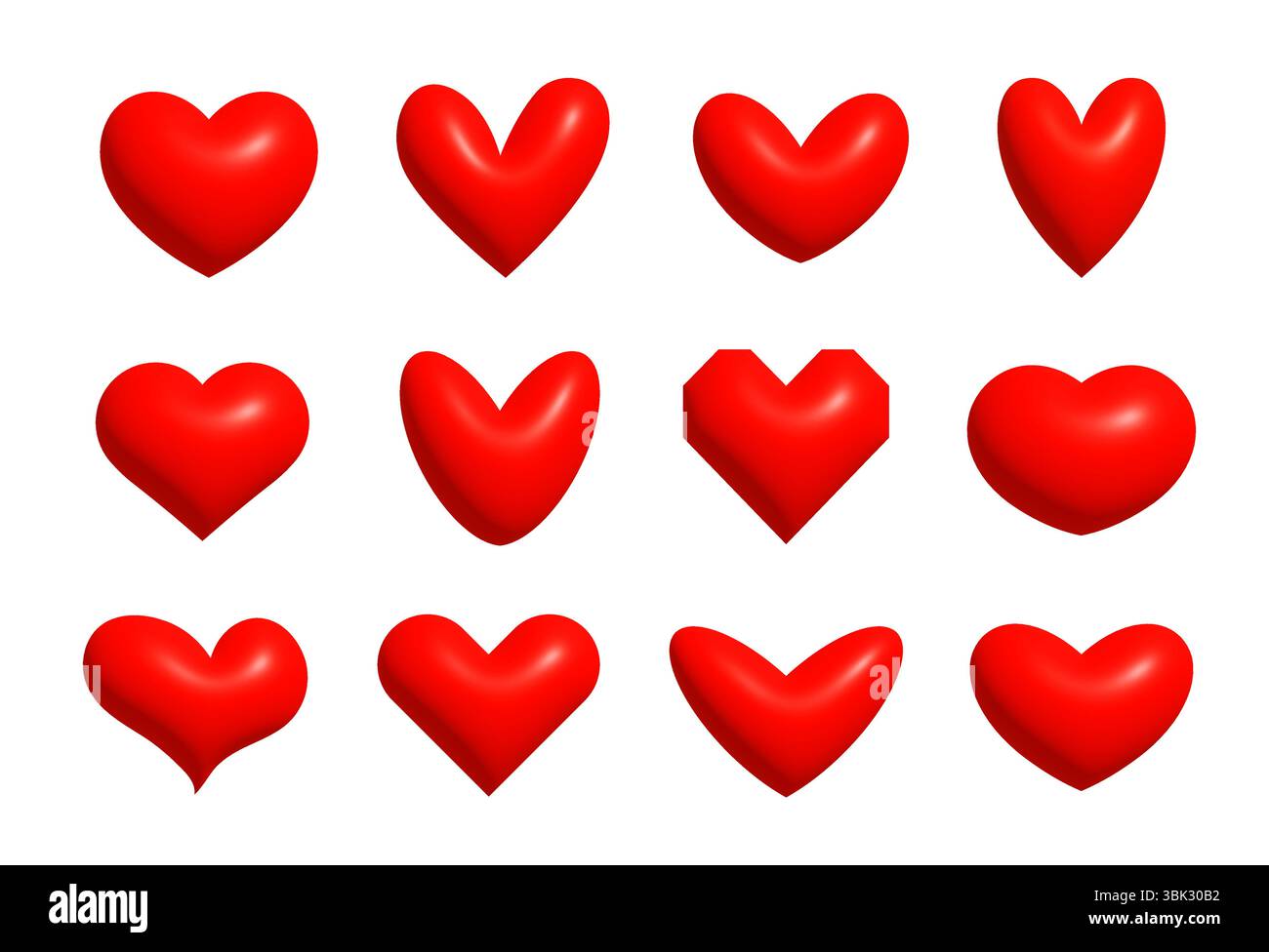 Rotes 3D-Herz-Symbol-Set für Valentinstag, Liebesbotschaften, Hochzeitskarten, Grußmotive, romantische Aufkleber, digitaler Chat, romantische Schriftzüge und Stock Vektor