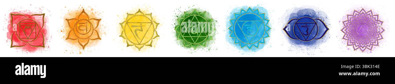 Ein Satz von sieben farbenfrohen Chakra-Symbolen auf Aquarellhintergrund. Wurzel, Sakral, Solarplexus, Herz, Hals, drittes Auge und Kronenchakren. Handgezogenes Öl Stockfoto