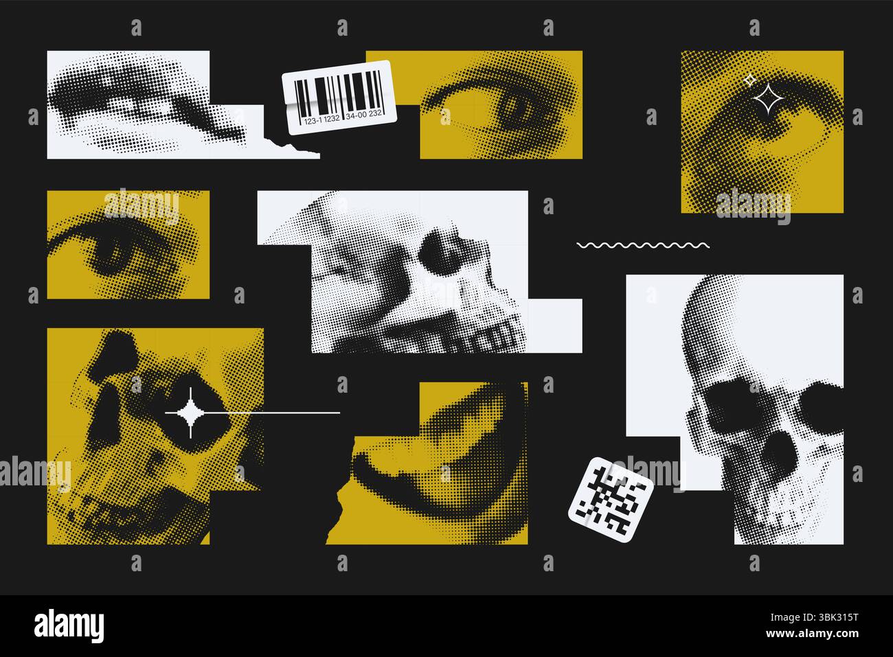 Abstrakte postmoderne Designelemente: Halbtonschädel, Augen, Lippen in geometrischen Formen. EPS10-Vektor. Stock Vektor