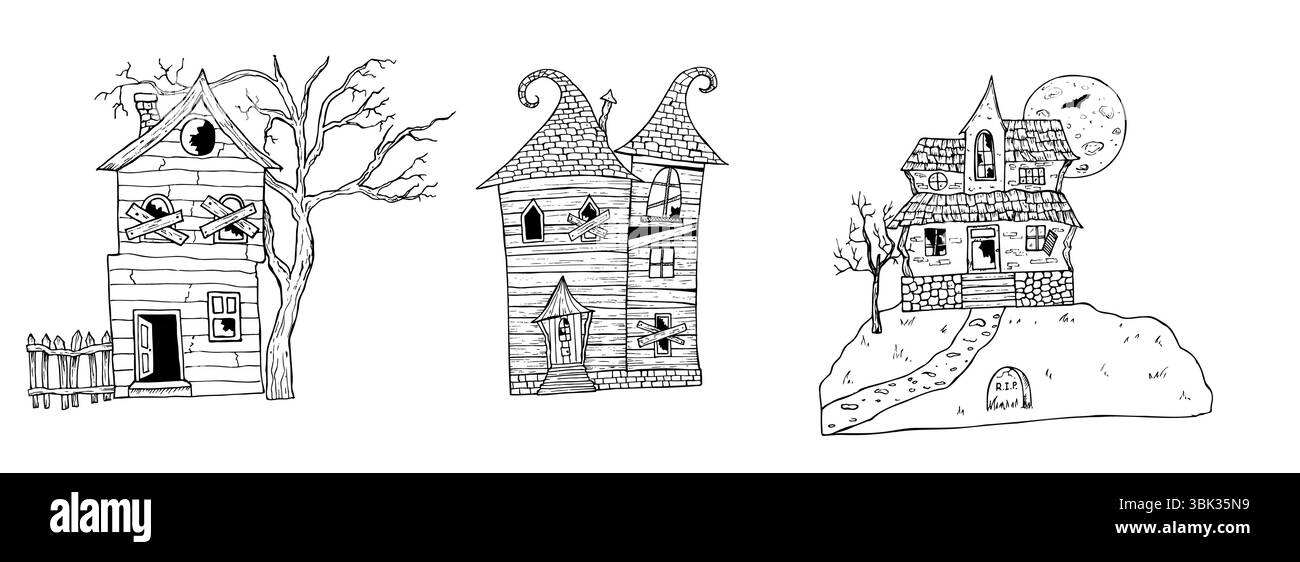 Halloween-Spukhäuser. Vektor Hand bemalt lineare Geisterschlösser bei Nacht, Monster Silhouette Illustration. Mystische Grafik monochrome gespenstische und Stock Vektor