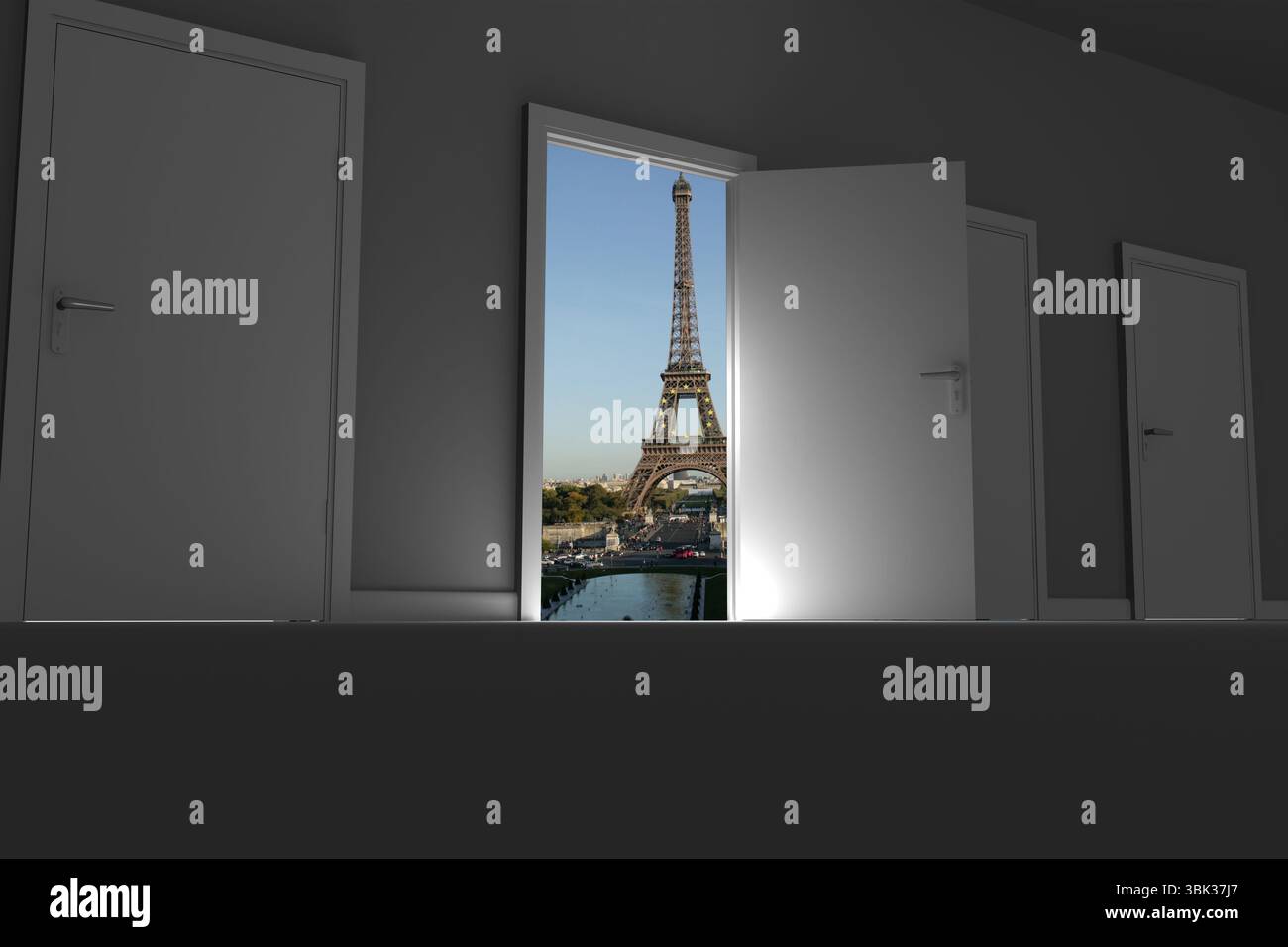 Flaches Design mit grauem Korridor und offener weißer Tür, die den Eiffelturm über die seine freigibt Stockfoto Flaches Design mit grauem Korridor und offener weißer Tür, die den Eiffelturm über die seine freigibt Stockfoto