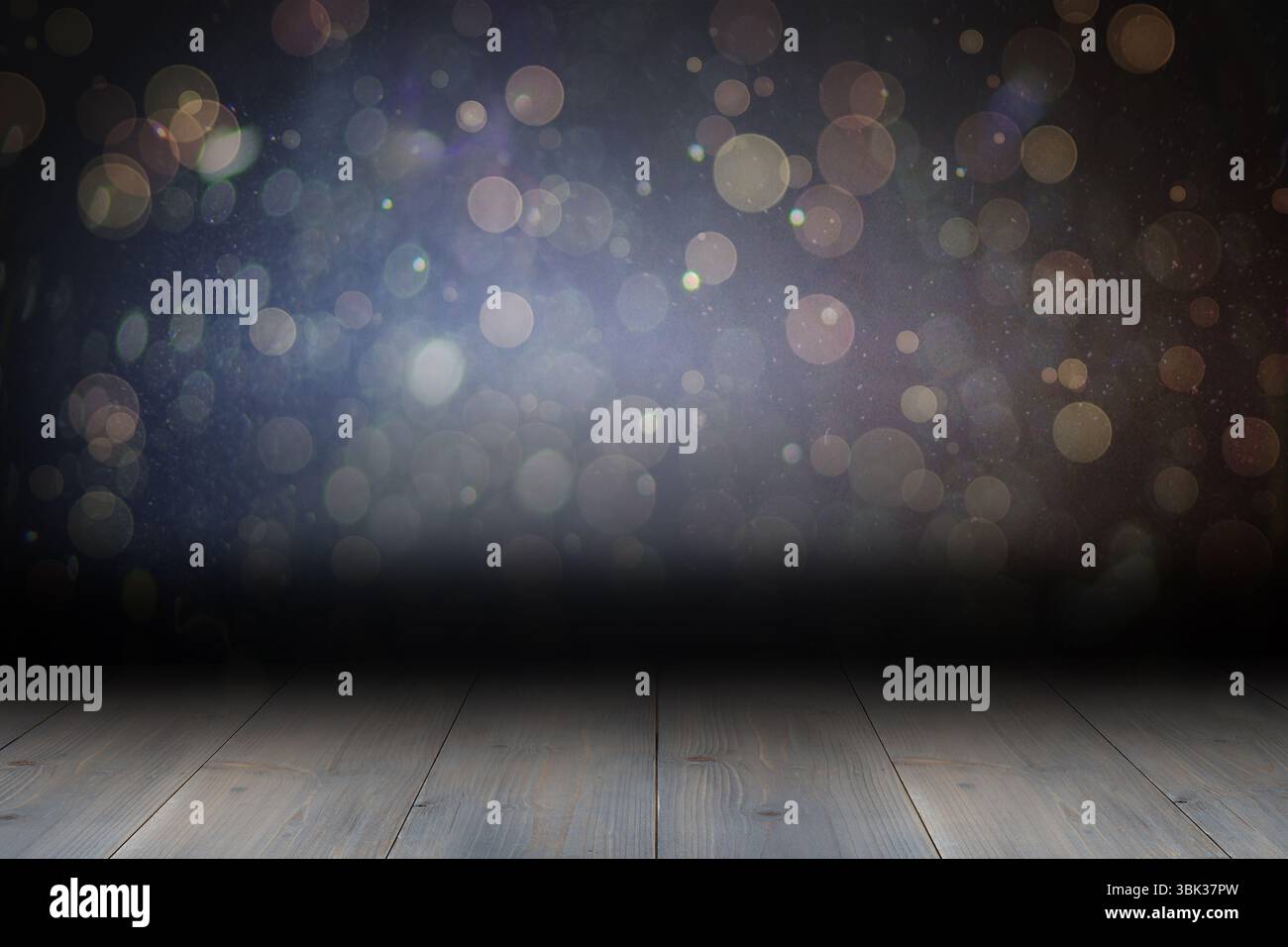 Holzdielen und dunkle Bokeh-Kulisse schaffen ein flaches Design-Studio-Bühnenbild Stockfoto