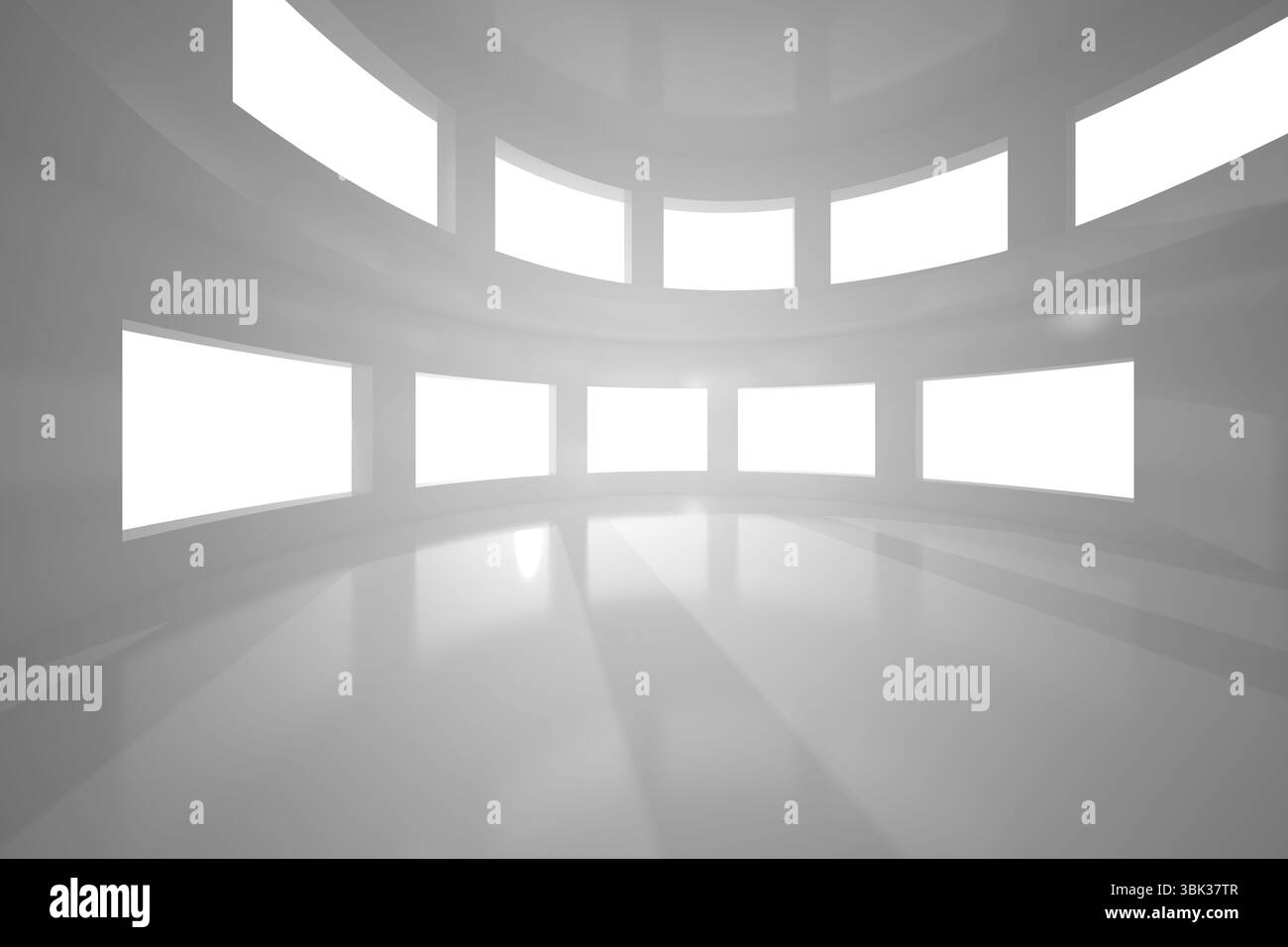 Das flache Design zeigt einen geschwungenen weißen Innenraum mit zwei Fensterreihen, die weiche Schatten erzeugen Stockfoto