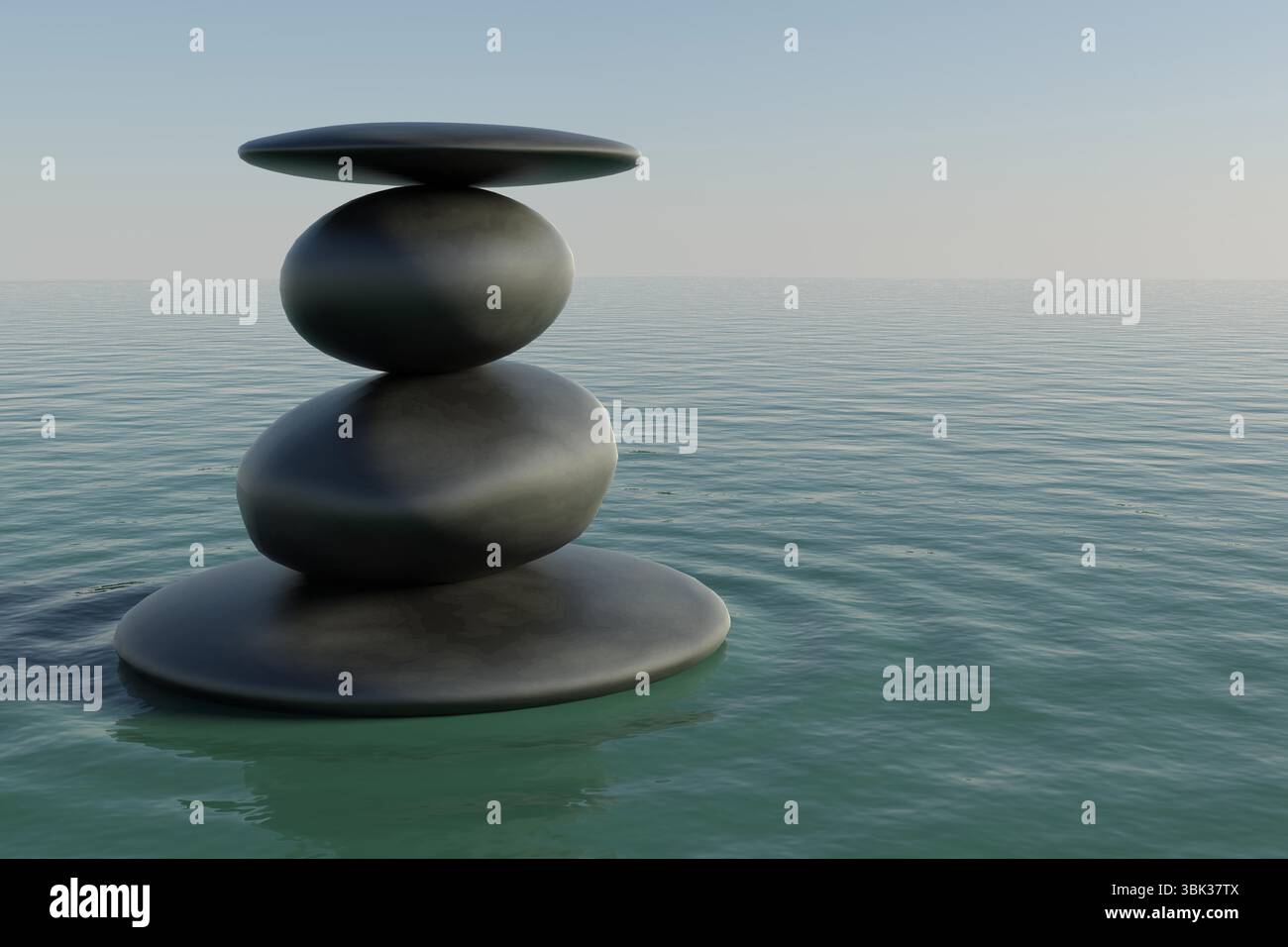 Ein Stapel dunkler, flacher Steine balanciert auf ruhigem Wasser mit Kräuseln in flachem Design aus Stockfoto