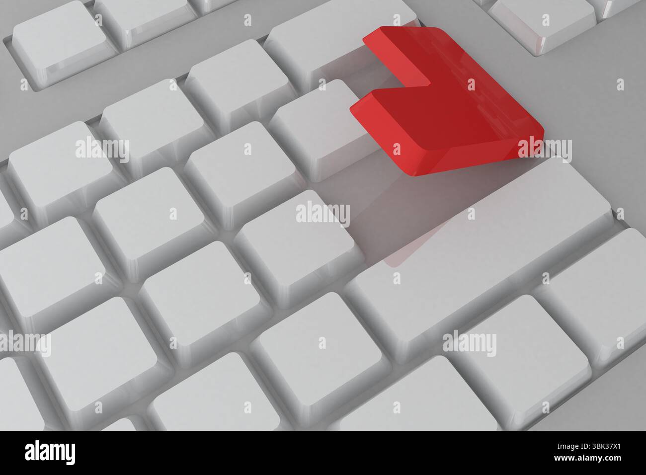 Die rote Eingabetaste schwebt über leeren weißen Tastaturtasten und erzeugt im 3D-Rendering einen durchscheinenden Schatten Stockfoto
