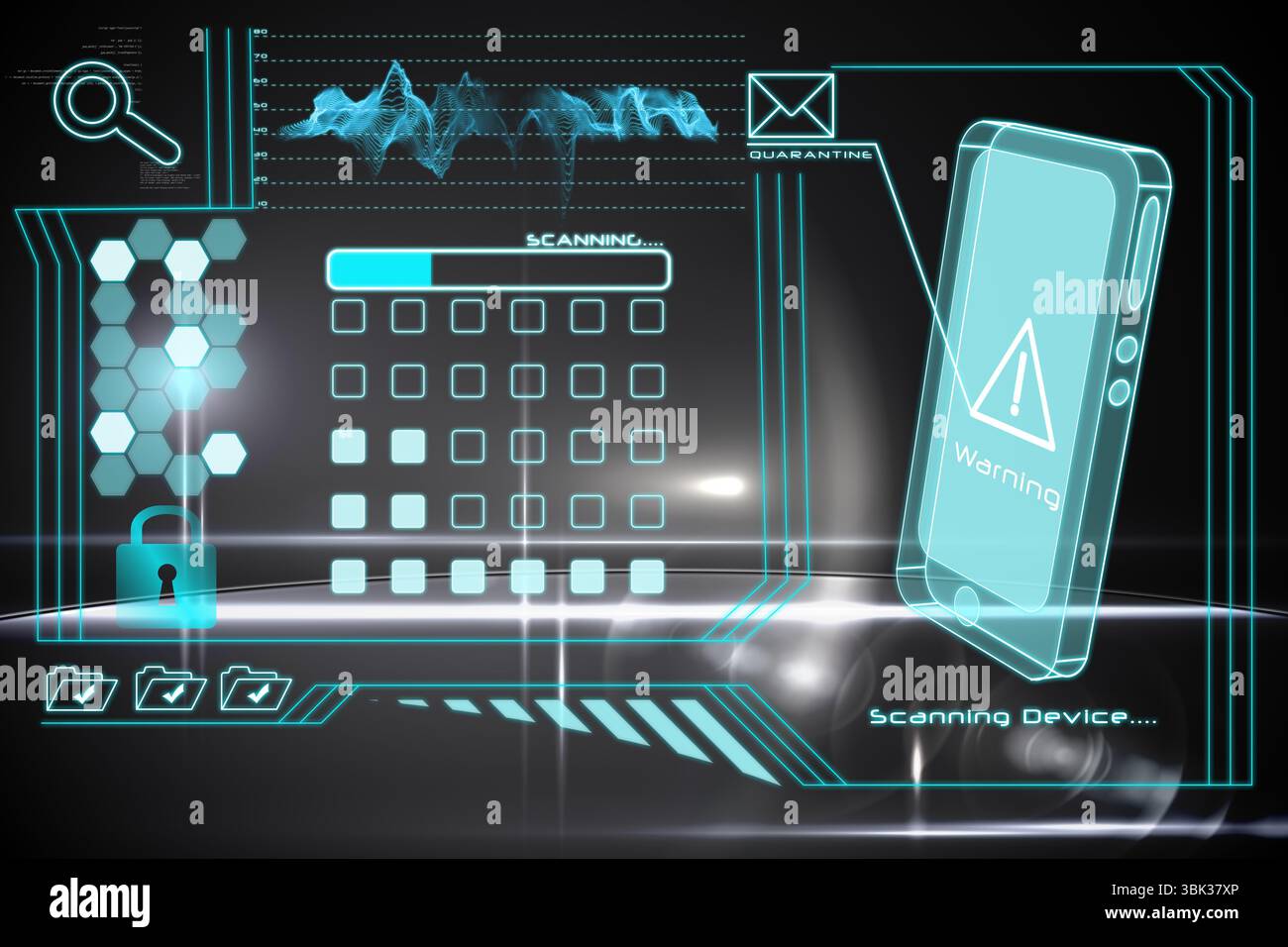 Holografische Benutzeroberfläche mit Warnsymbol für das Scannen des Telefons und Quarantäneumschlag Stockfoto Holografische Benutzeroberfläche mit Warnsymbol für das Scannen des Telefons und Quarantäneumschlag Stockfoto