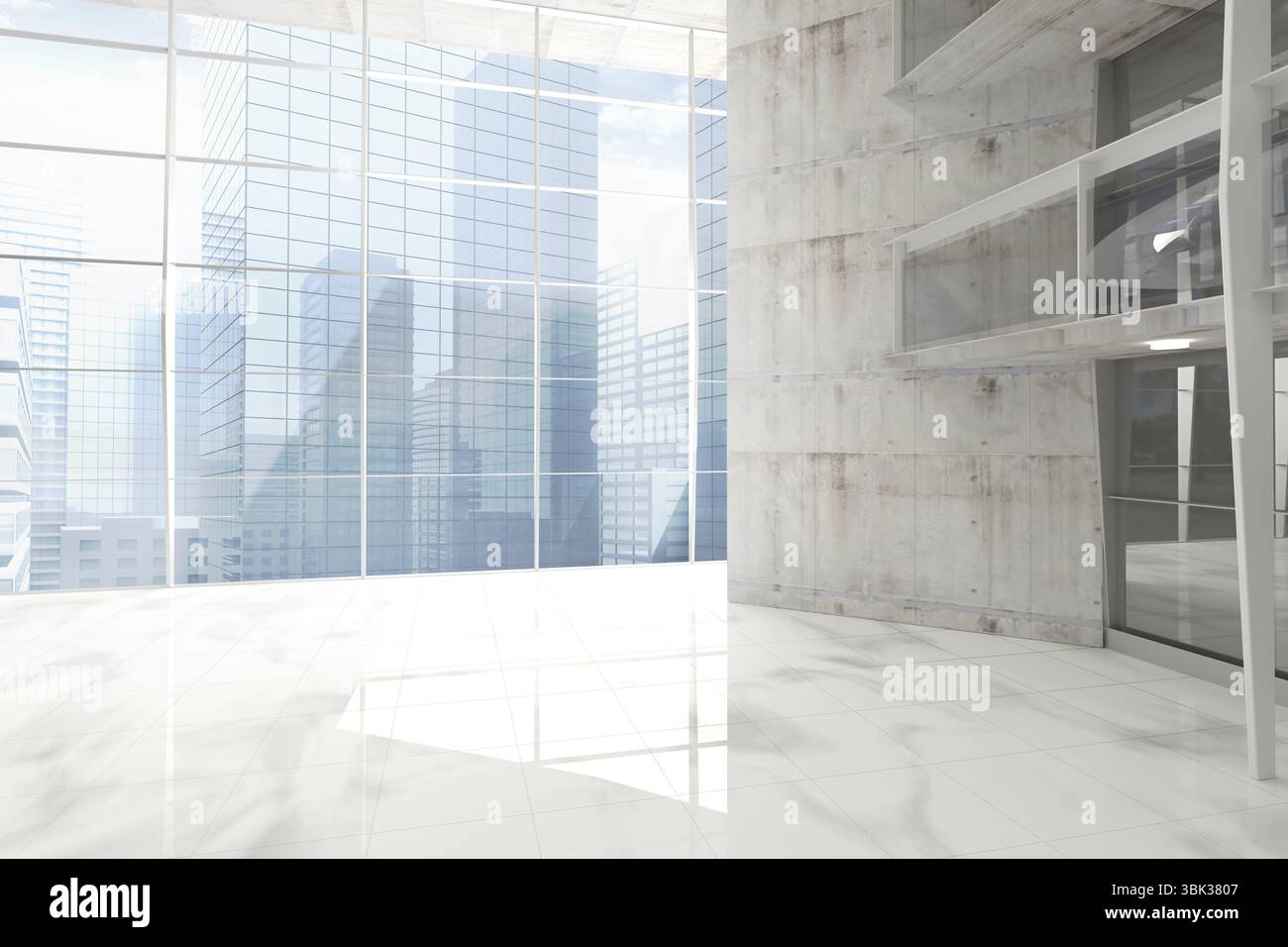 Mit leerer Bürolobby mit Glasfenstern, Fliesenboden und Betonwand bei Tageslicht Stockfoto