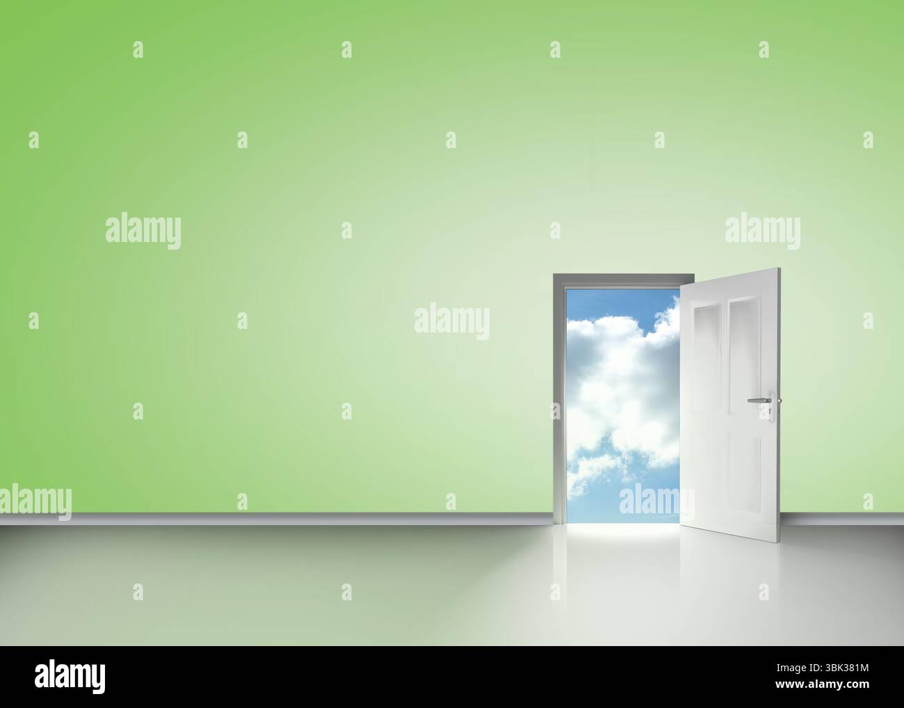 Das flache Design zeigt eine offene, weiße Tür, die den blauen Himmel über der grünen Wand und dem reflektierenden Boden offenbart Stockfoto Das flache Design zeigt eine offene, weiße Tür, die den blauen Himmel über der grünen Wand und dem reflektierenden Boden offenbart Stockfoto