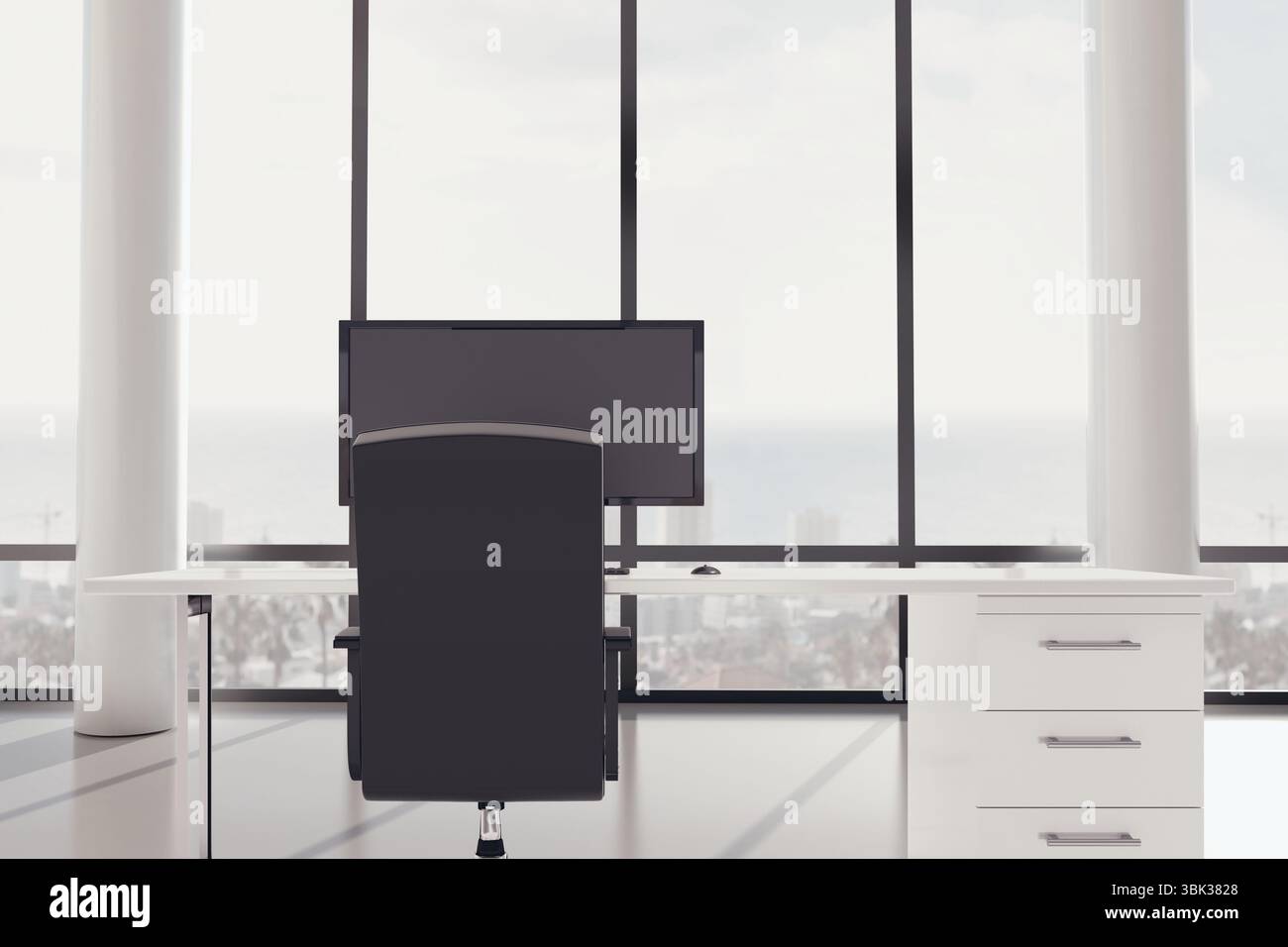 Flaches Design mit Büroschreibtisch mit schwarzem ergonomischem Stuhl, Flachbildfernseher und Stadtblick Stockfoto