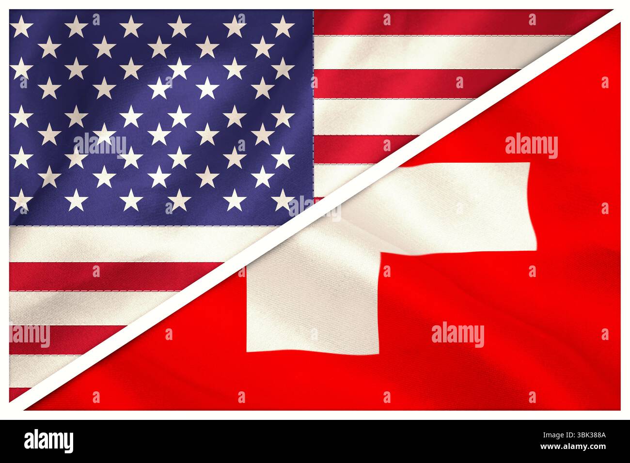 US- und Schweizer Flaggen treffen sich schräg über weißem Rand in flachem Design mit Stofffalten Stockfoto