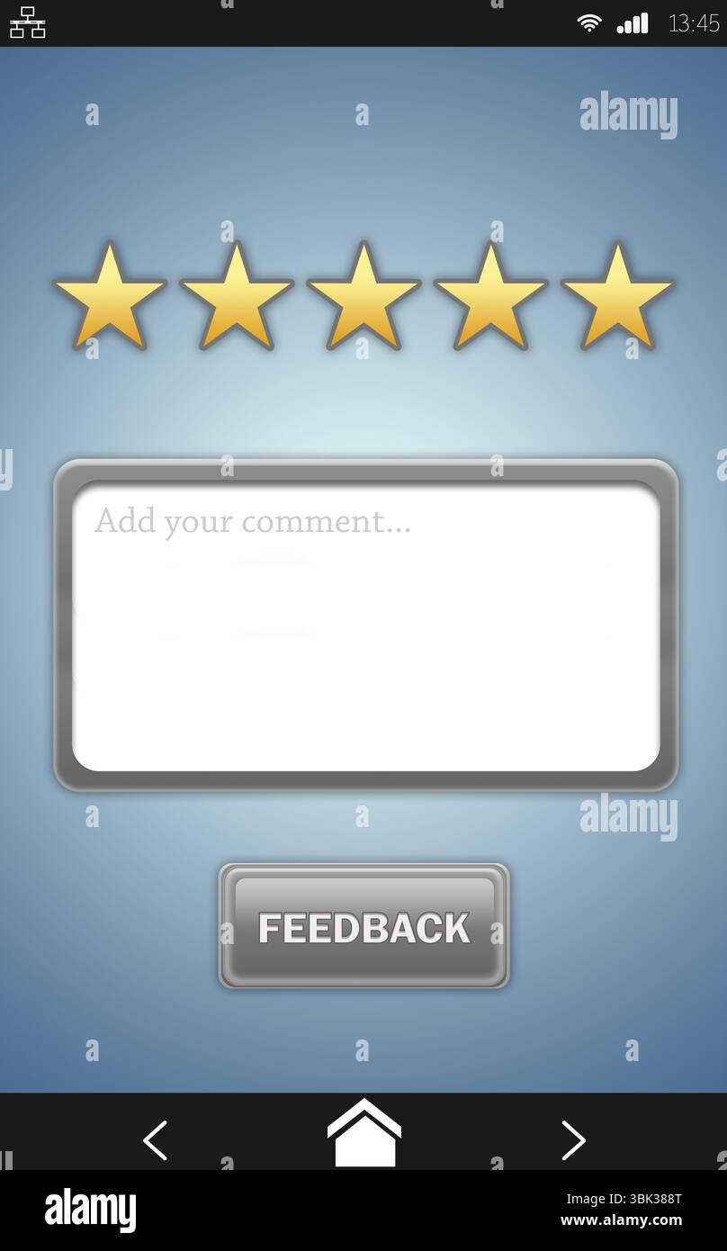 Anzeige einer flachen Benutzeroberfläche mit Feedback-Design mit goldenen Sternen, Kommentareingabe und Schaltfläche sowie Symbolen auf blauem Verlauf Stockfoto