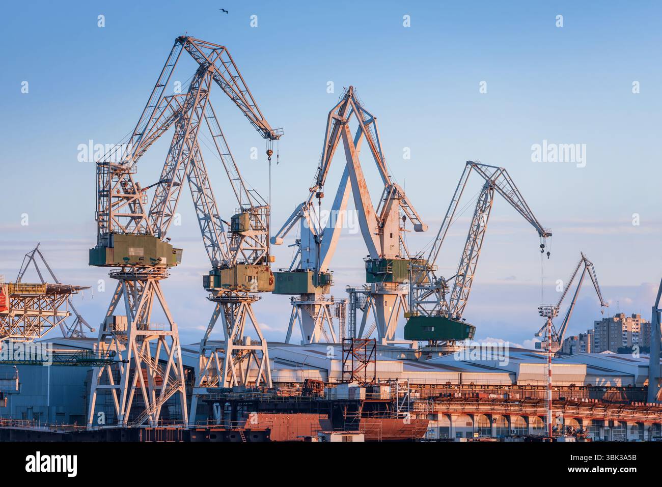 Industrielle Güter Krane auf der Anklagebank bei Sonnenuntergang Stockfoto