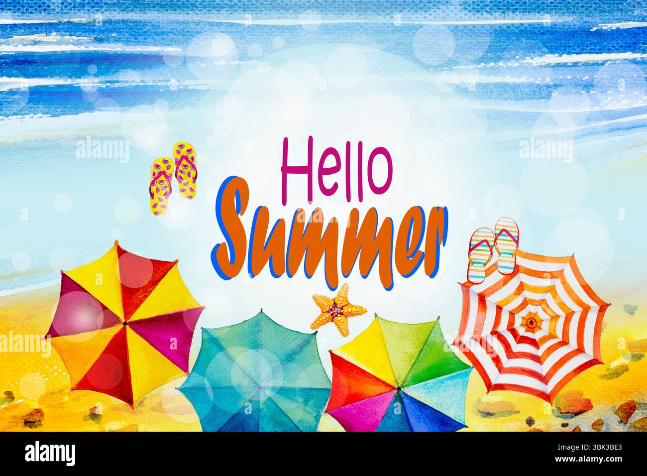 Hallo Sommer. Aquarellmalerei Bannerdesign mit Text, Strandwelle und Accessoires, mehrfarbiger Regenschirm, Flipflops, Seesterne, Sommerurlaub in bl Stockfoto