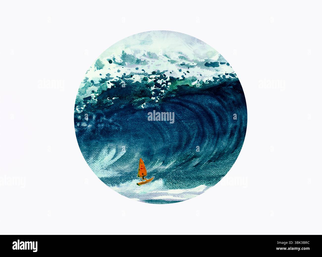 Windsurfer eines Sportmannes – Aquarellmalerei mit Wellen im Meer. Wunderschöner Sommer und Emotionen werden am Himmel gesprüht, kreisförmig auf weißem Hintergrund Stockfoto