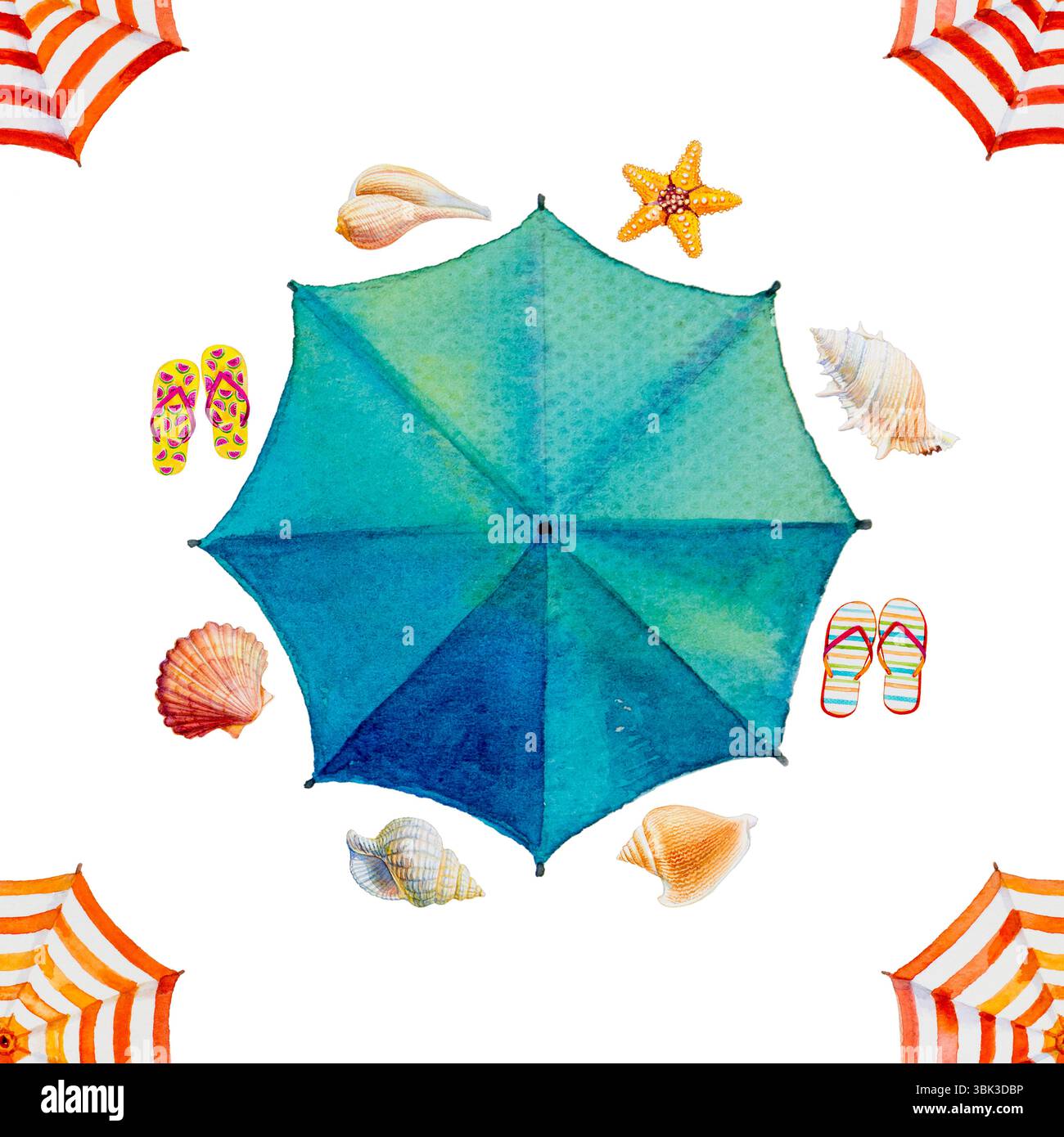 Trend nahtlose Sommer-Stil Accessoires Muster in Aquarellmalerei Top View bunt von Sonnenschirm und Tourismus Business Meer, Strand Resort, Keramik W Stockfoto