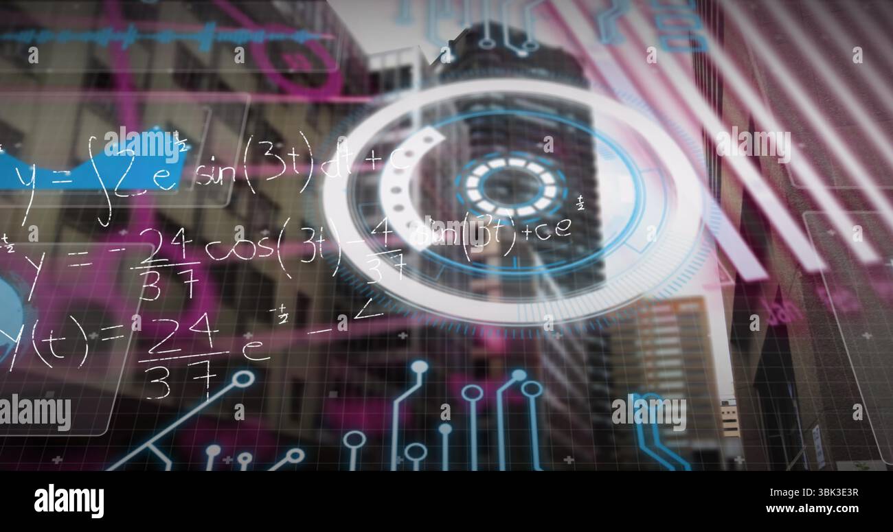 Zeigt HUD mit Gleichungen, Leiterbahnen und Signalformen an der Bürofassade im Stadtzentrum Stockfoto