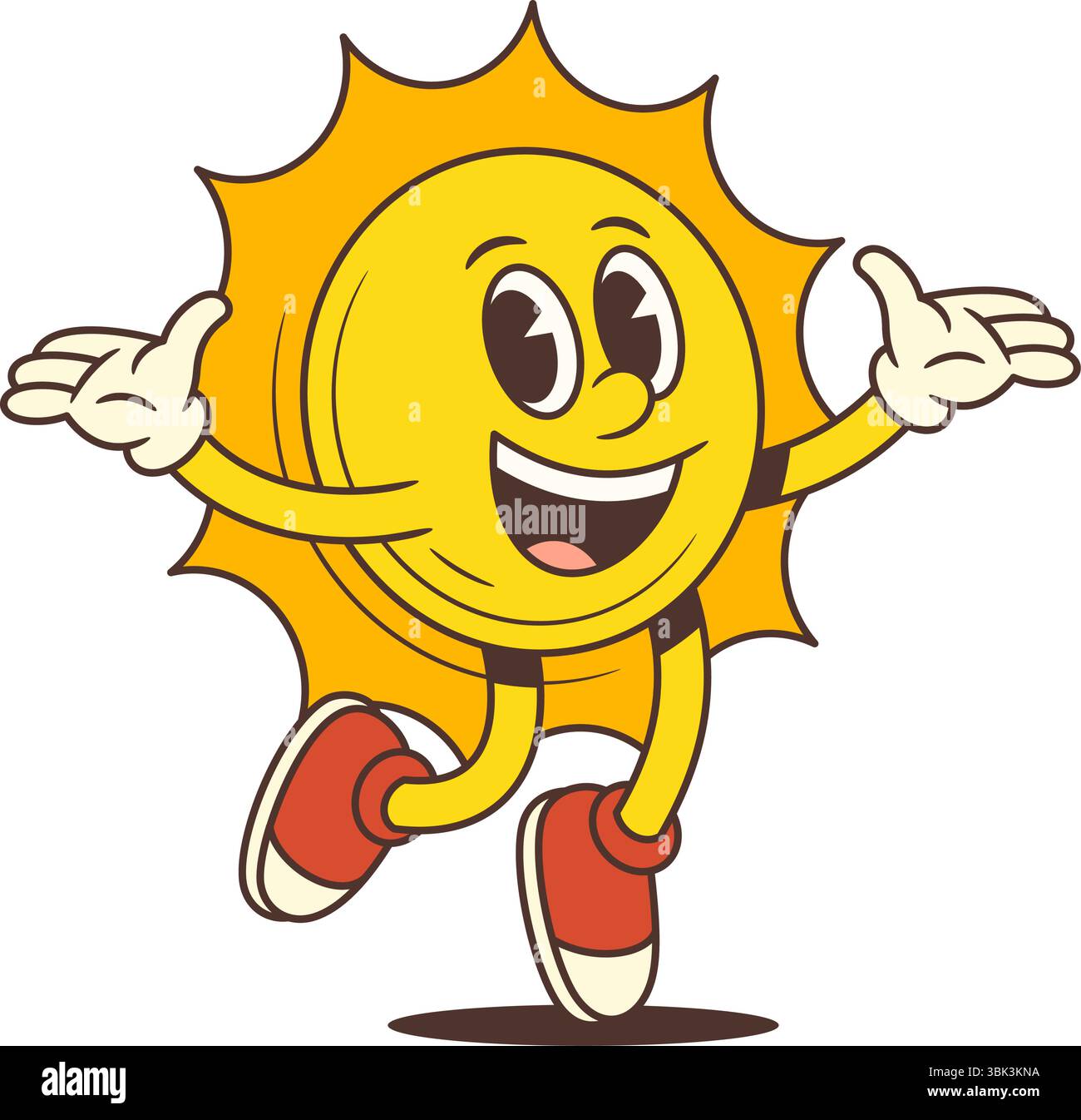 Energiegeladene Cartoon-Sonnenfigur mit Handschuhen und Turnschuhen, die mit weit offenen Armen springen und fröhlich wirken. Ideal für Sommermotive, Kinderinhalte, p Stock Vektor