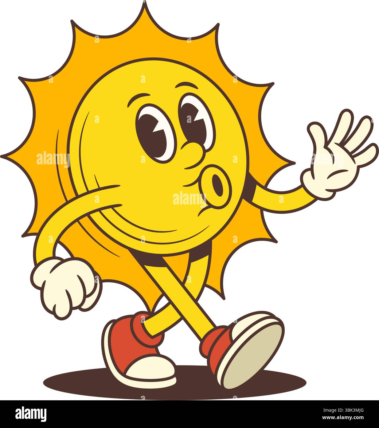 Fröhliches Sonnenmaskottchen, das mit Selbstvertrauen unterwegs ist, während es eine Melodie pfeift, die im altmodischen Cartoon-Stil entworfen wurde. Ideal für Sommerdesigns, Projekte für Kinder oder Stock Vektor