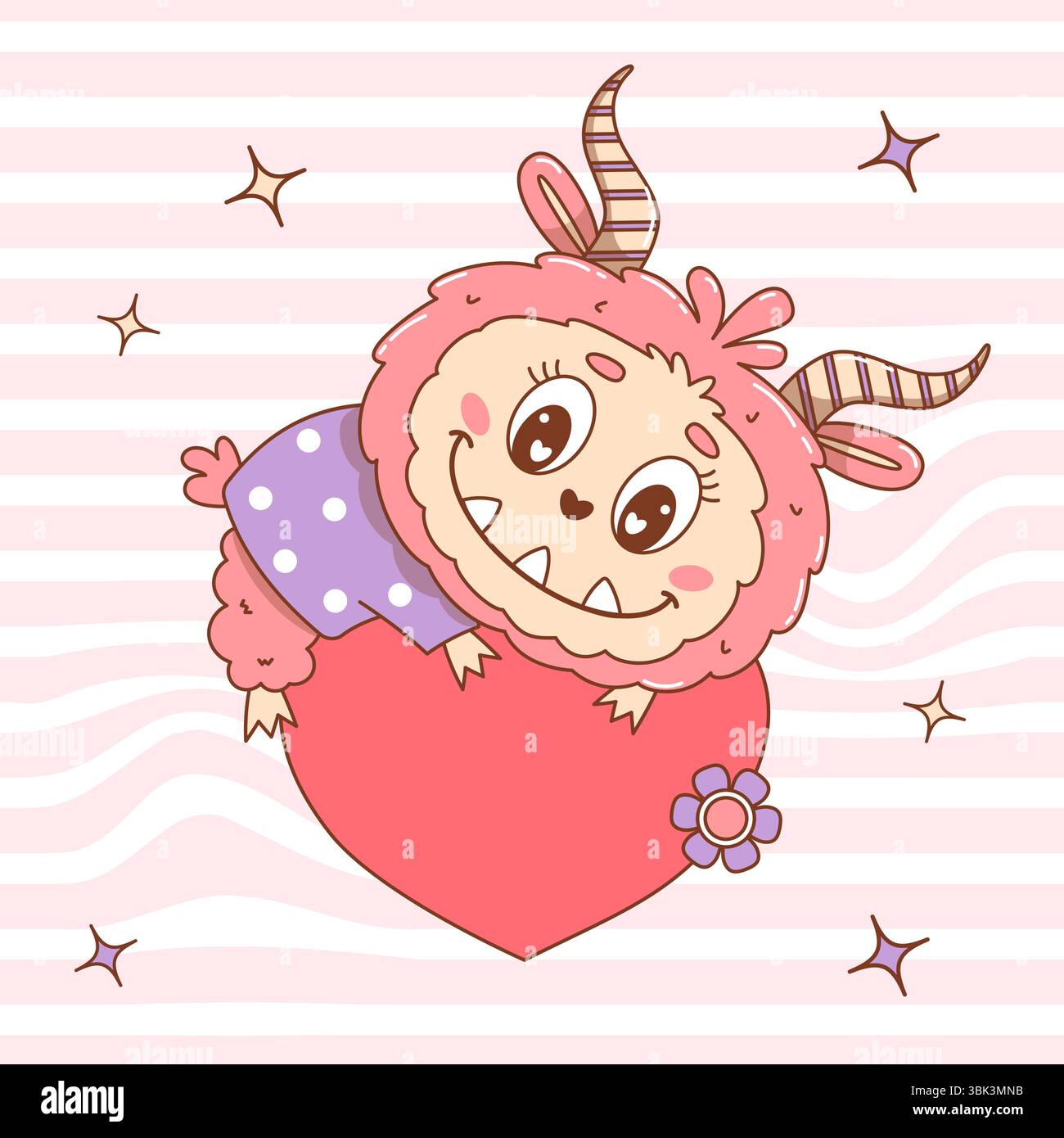 Niedliches rosafarbenes Monster mit Herz. Coole Cartoon lustige kawaii gehörnte Figur auf Groovy verzerrten Streifen Hintergrund. Vektorabbildung. Kinderkollektion f Stock Vektor