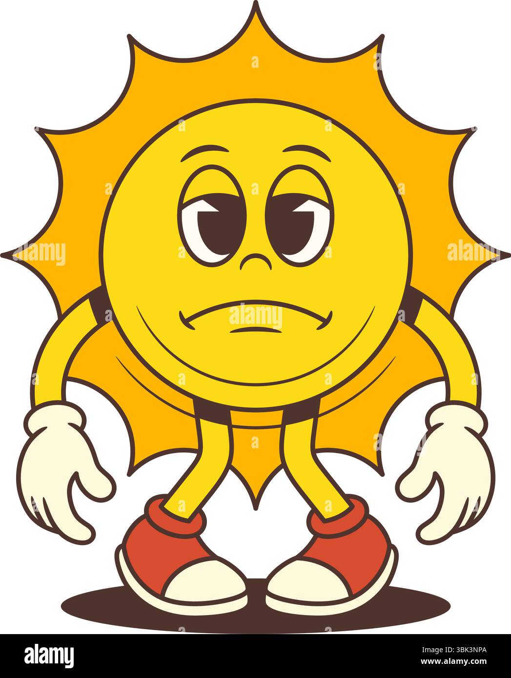 Cartoon Sonnenmaskottchen mit herabhängenden Händen und traurigem Ausdruck. Geeignet für emotionale, wetterfeste und saisonale Designs. Perfekt zur Illustration von fe Stock Vektor