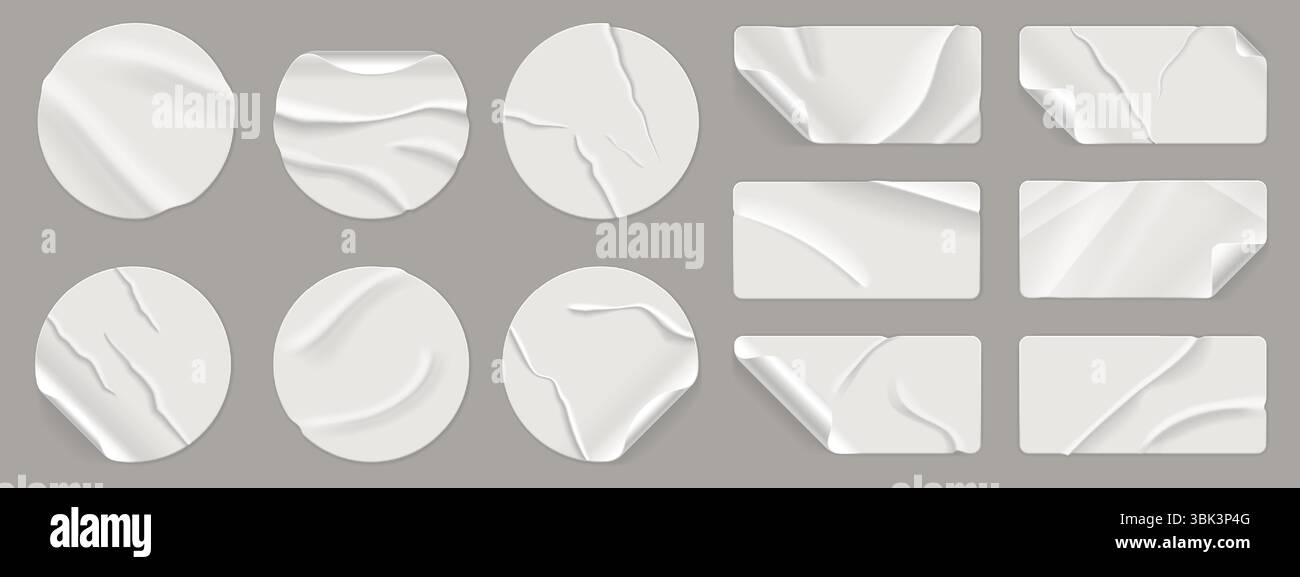 Zerknitterte runde Aufkleber. Zerknitterte, kreisförmige Papieretiketten mit Klebeband, realistische runde, rechteckige Faltenaufkleber-Muster Stock Vektor