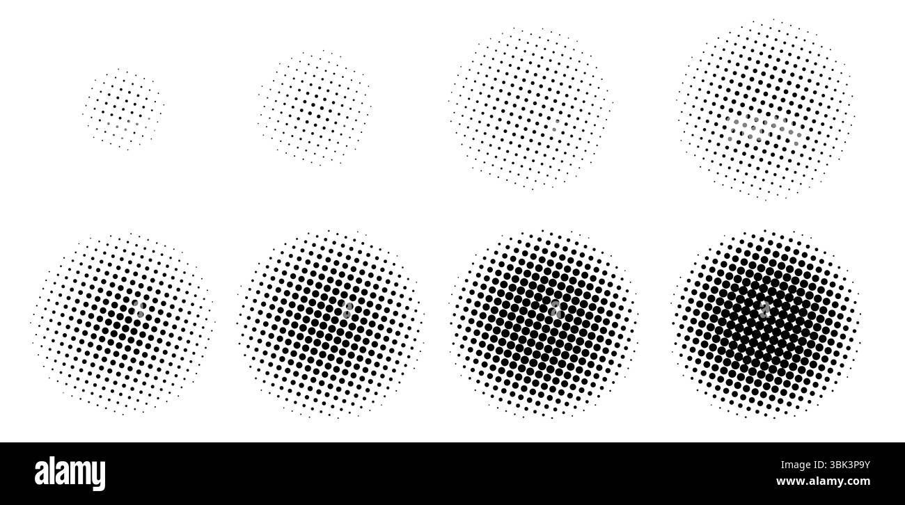 Halbton wachsende Kreise. Gepunktete runde Formen, kreisförmige Verlaufsrahmen für Logo-Design, schwarze und weiße Rasterpunkte mit radialen Punkten Stock Vektor