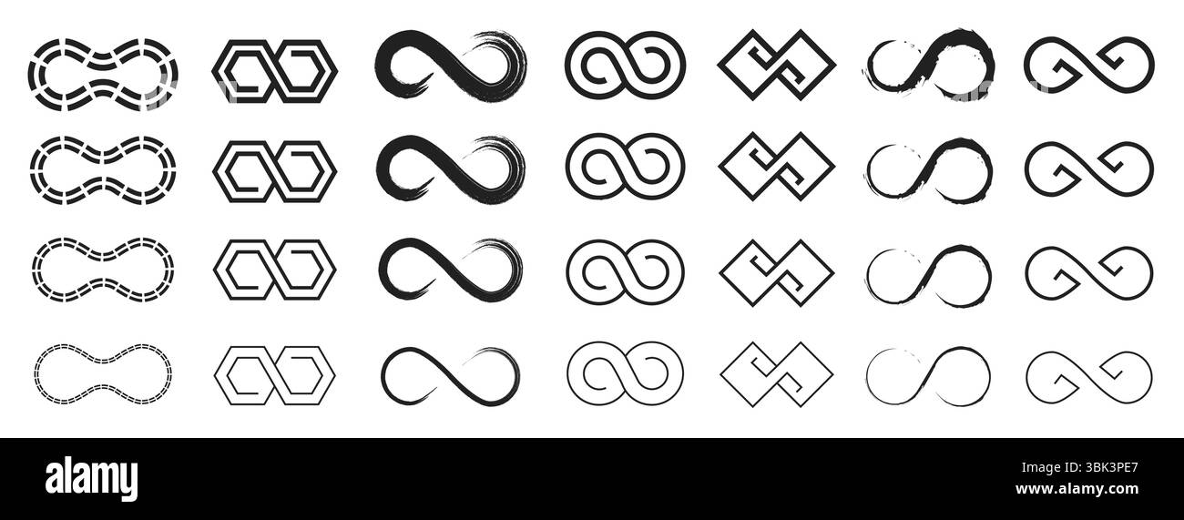 Unendlichkeitssymbol. Endloses Mobius-Schleifensymbol, endlose ewige geometrische Pfeilsymbole invertierte 8-Form, Logoelemente für endlose Loops Stock Vektor