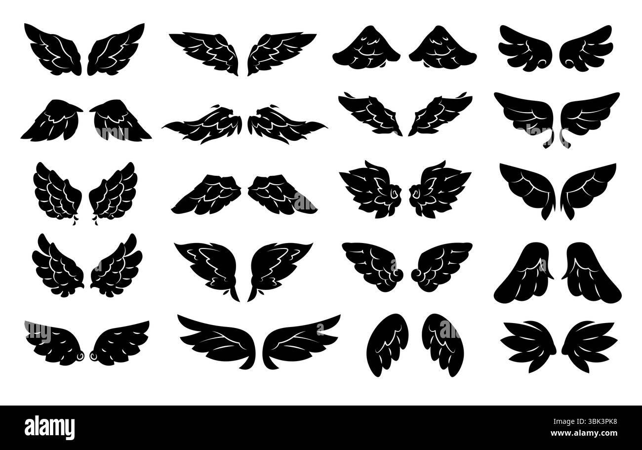 Schwarzes Wings-Symbol. Silhouette des Engelsflügels, abstraktes Vogelgeflügellogo, einfache dekorative Heidekraut Falke Engel phoenix Flügel Symbole. Vektor-isoliertes Emblem Stock Vektor