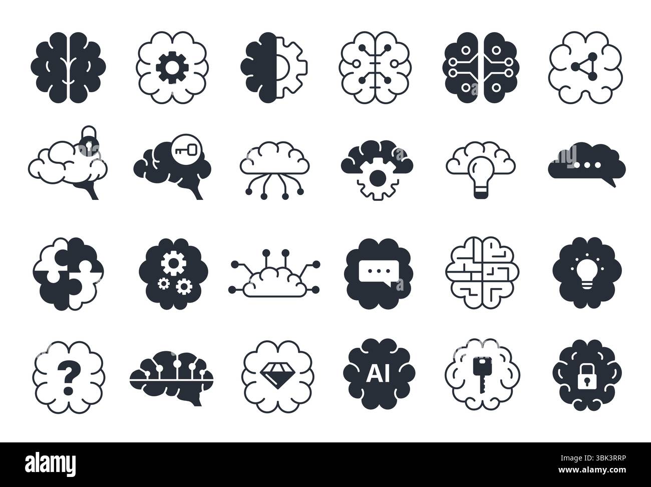 Symbole des menschlichen Gehirns. Symbole für maschinelles Lernen und menschliches Denken, kreative Ideen und geniale Strichlinien, Gehirnaktivität und IQ-Logo. Vektorgehirne Stock Vektor
