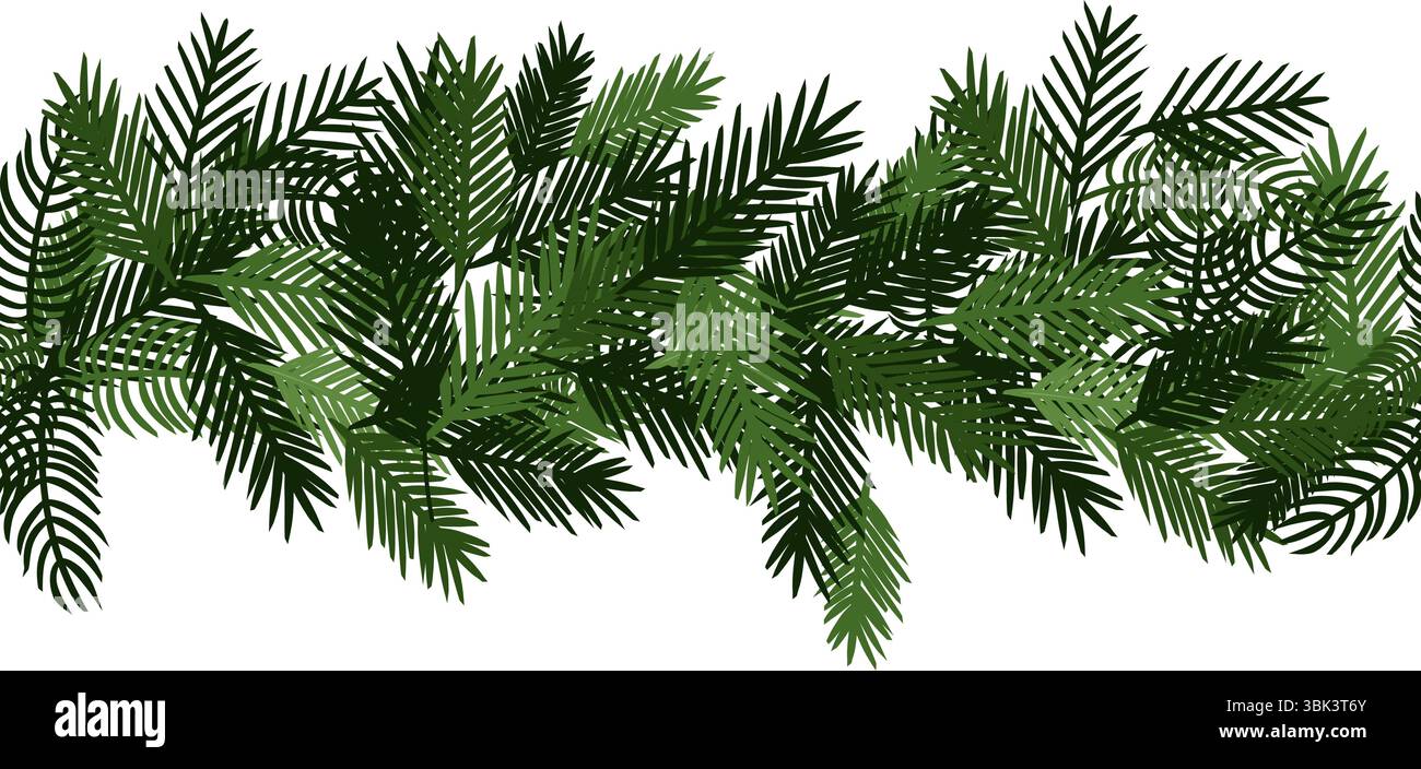 Nahtloser horizontaler Rand der Zweige des Weihnachtsbaums. Abbildung der grafischen Vektorfarbe. Weihnachtsgirlande isoliert auf transparentem Hintergrund. Für Logo Stock Vektor