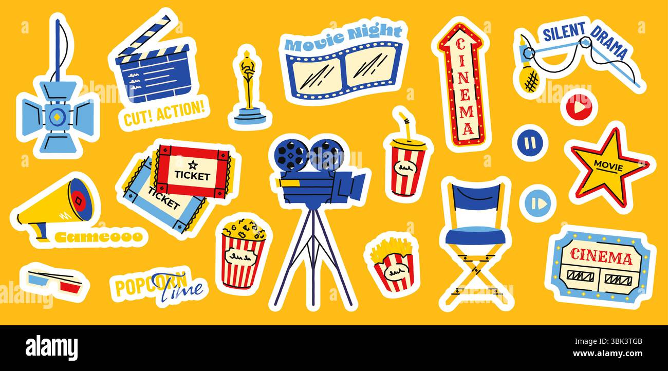 Filmaufkleber. Comic Cinema Elements mit Filmband Popcorn Kamera Kinostuhl Clapperboard, Cinematography Aufkleber für Ihr Design. Vektor Stock Vektor