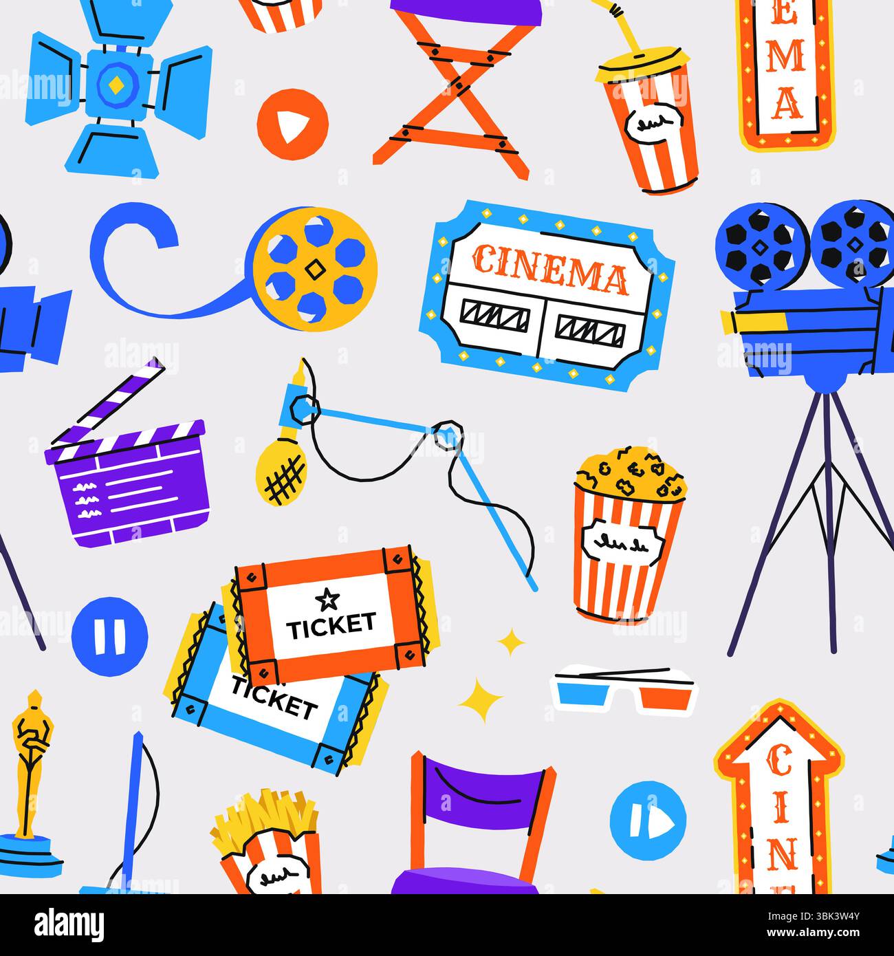 Filmmuster. Kinofilme, nahtloser Druck von Ikonen im Kinobereich, endloser Hintergrund mit Kamerabeel-Klebeband Popcorn Stock Vektor