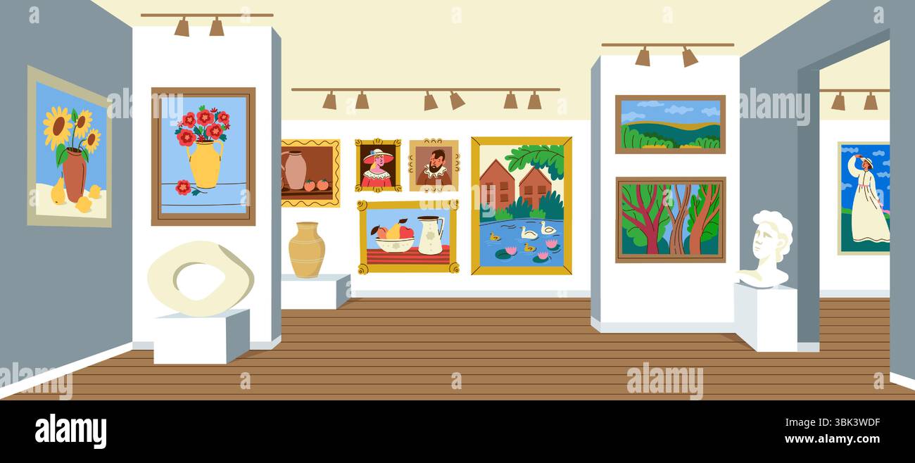 Innenraum der Kunstgalerie. Museumsausstellung mit klassischen Gemälden und zeitgenössischen Skulpturen, Hintergrund des Comic-Kulturkomplexes. Vektorabbildung Stock Vektor