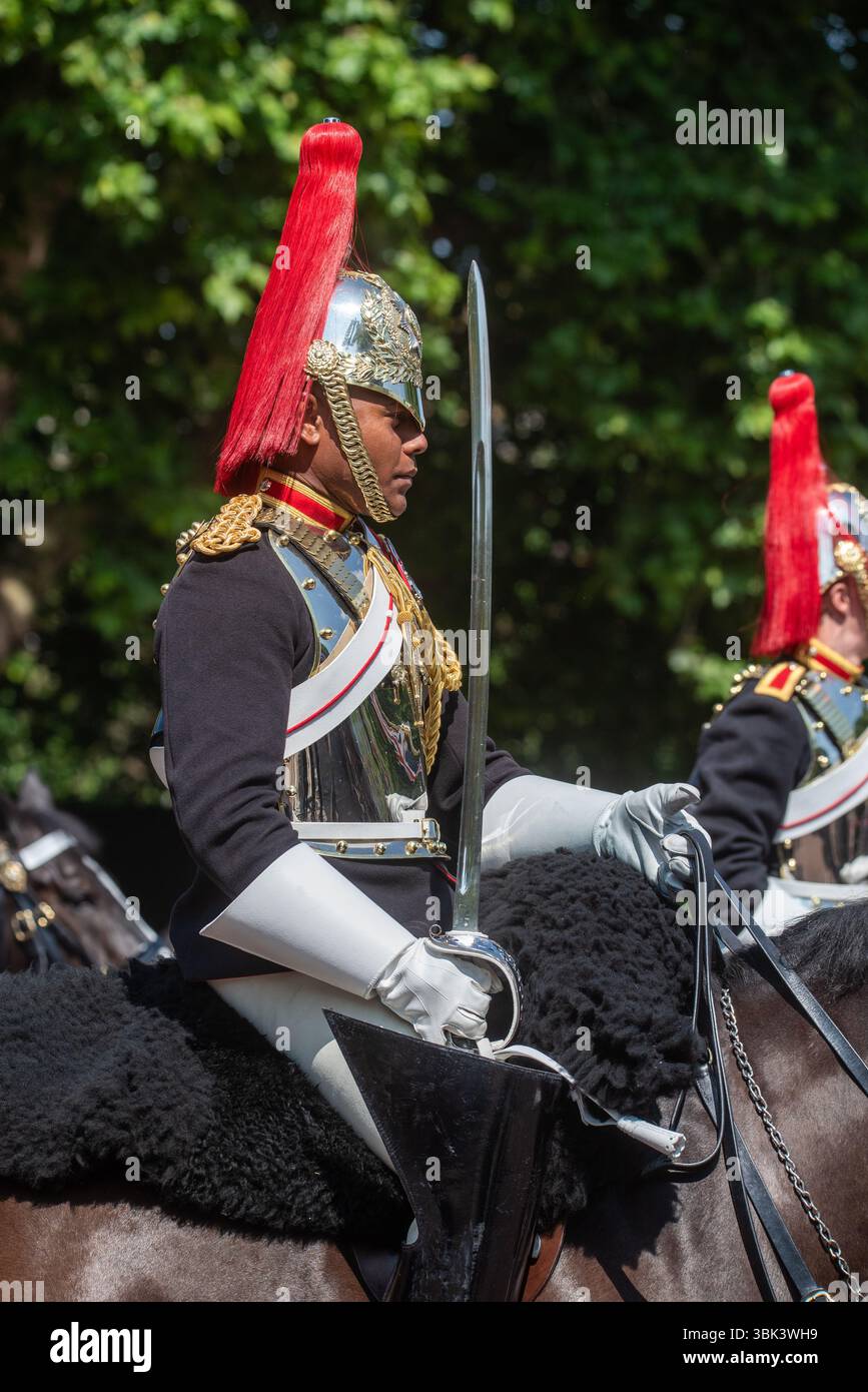 Die Blues and Royals (Royal Horse Guards and 1st Dragoons) (RHG/D) reiten Soldat bei Trooping the Colour 2025 in der Mall, London, Großbritannien. Stockfoto