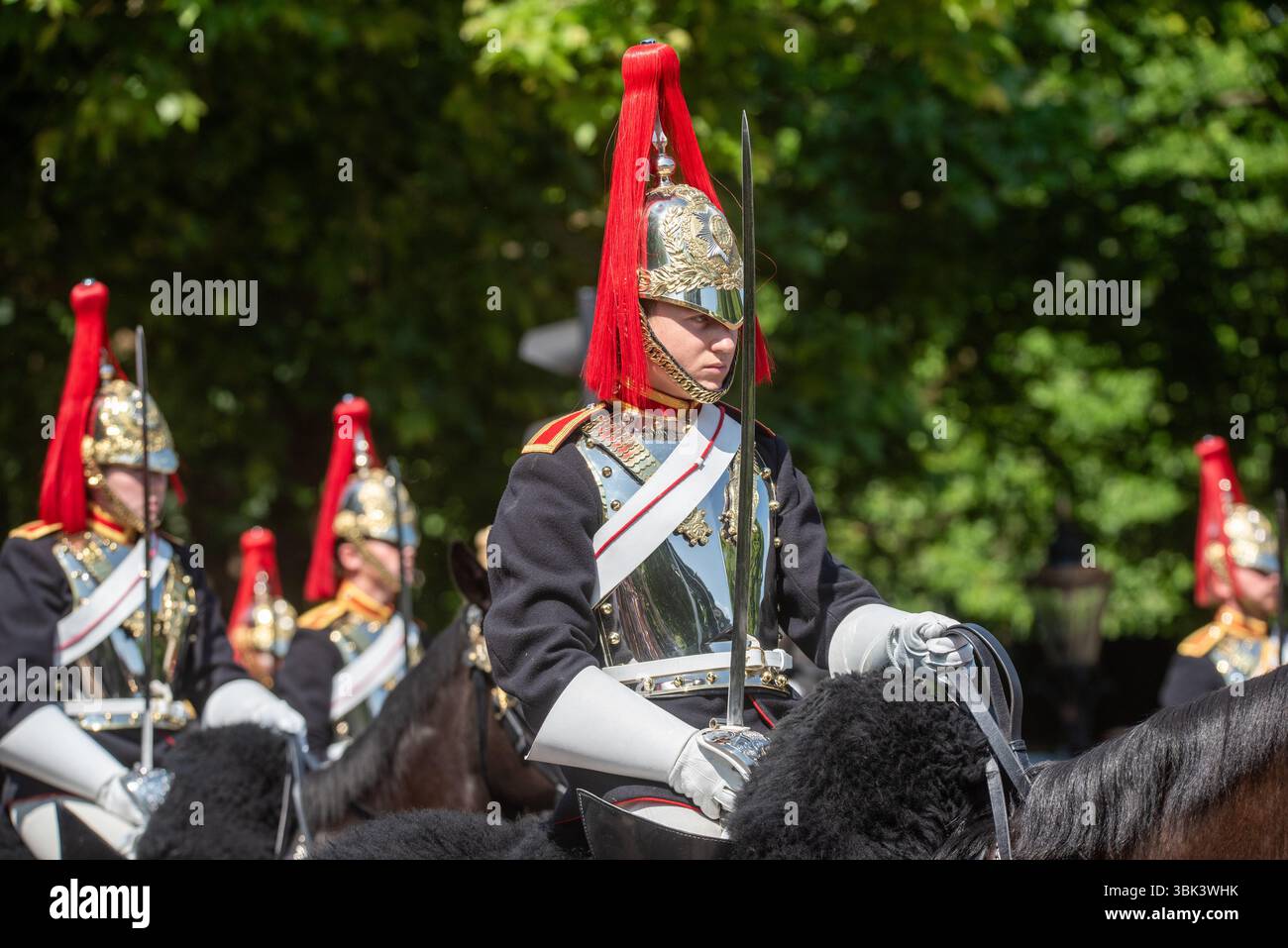 Die Blues and Royals (Royal Horse Guards and 1st Dragoons) (RHG/D) reiten Soldat bei Trooping the Colour 2025 in der Mall, London, Großbritannien. Stockfoto