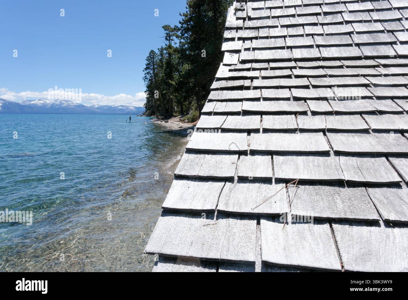 14. MAI 2025 - Tahoma, Lake Tahoe, CA, USA - Sugar Pine Point Beach am Lake Tahoe mit seinem Strand, Kiefern und wunderschönem klarem Wasser. Stockfoto
