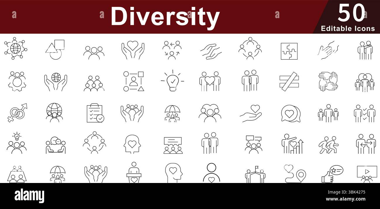 Symbolsatz Diversity Inclusion – 50 editierbare Community Icons for Workplace Diversity, Social Justice and Human Rights Vector Collection Stock Vektor