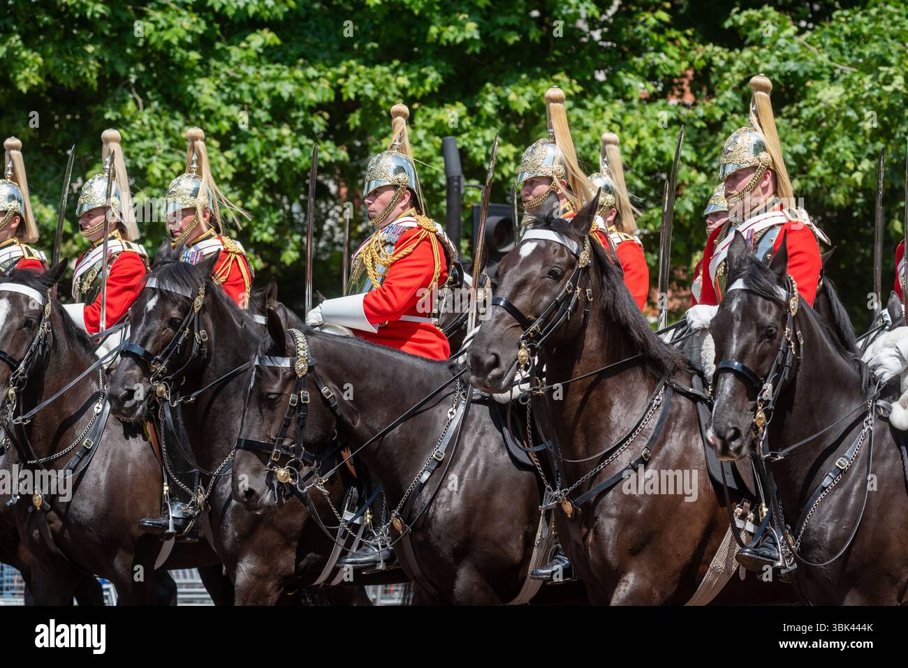 Life Guards of the Household Cavalry Mounted Regiment (HCMR) bei Trooping the Colour 2025 in der Mall, London, Großbritannien. Stockfoto