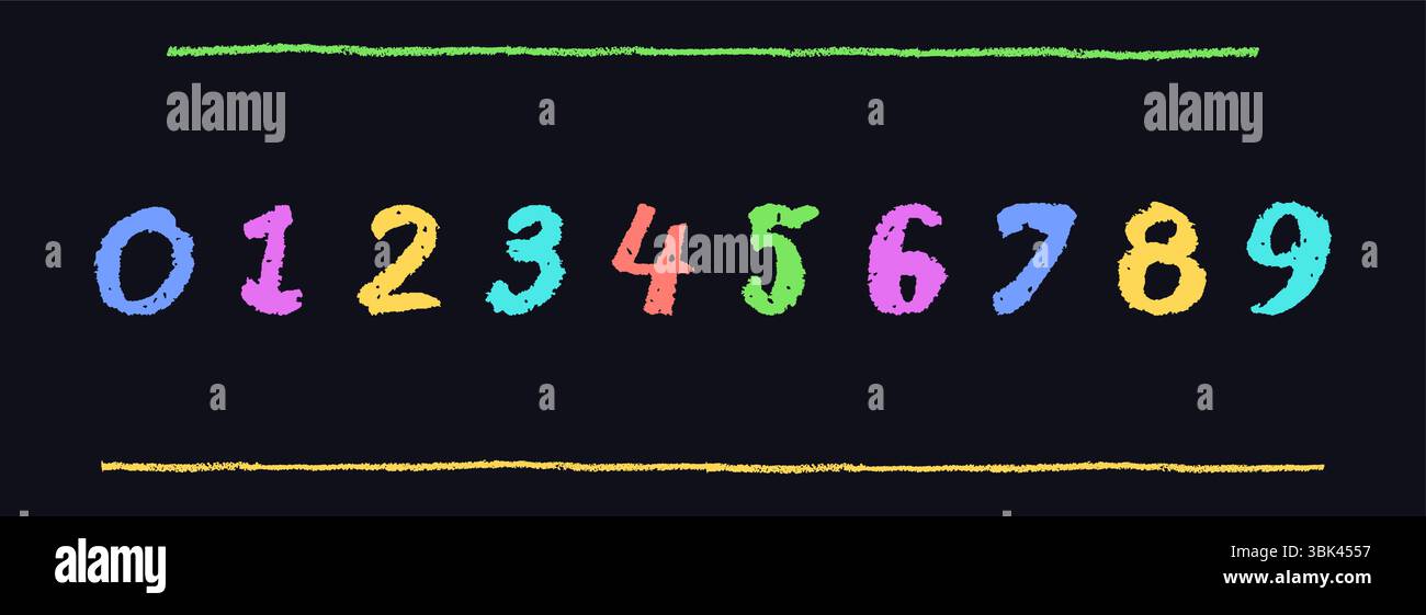 Bunte Zahlen 0-9, handgezeichnet in Wachsstift oder Pastellstil. Highlighter-Effekt auf einem Brett für Kindergartenzeichnung, Lernmaterialien und Stock Vektor