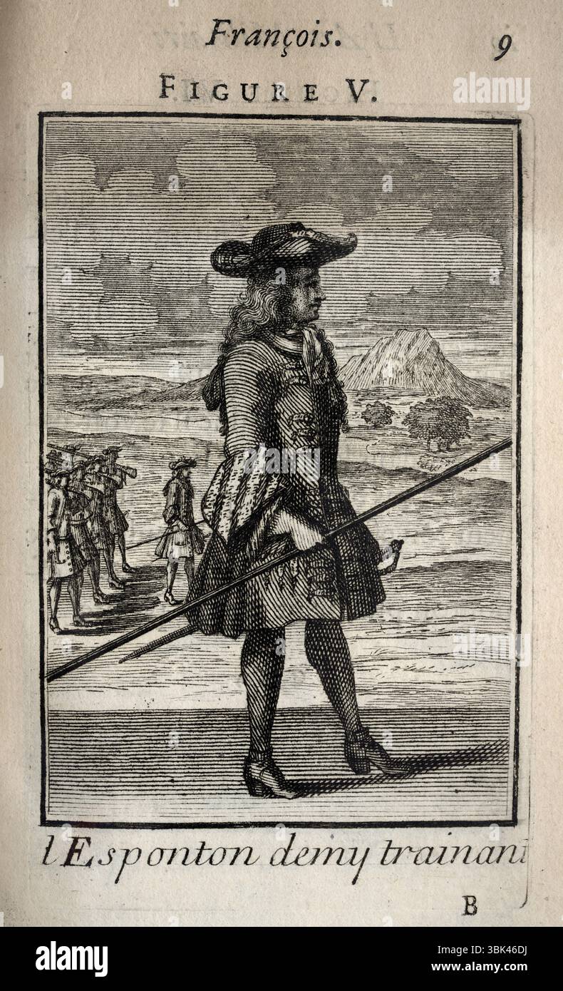 Französische Militärgeschichte, Offizier bewaffnet mit Spontoon, Eponton oder Halb-Hecht, L'Art Militaire Francois, französische Militärkunst, Ende 17. Jahrhundert, 1696 Vintage Illustration Stockfoto