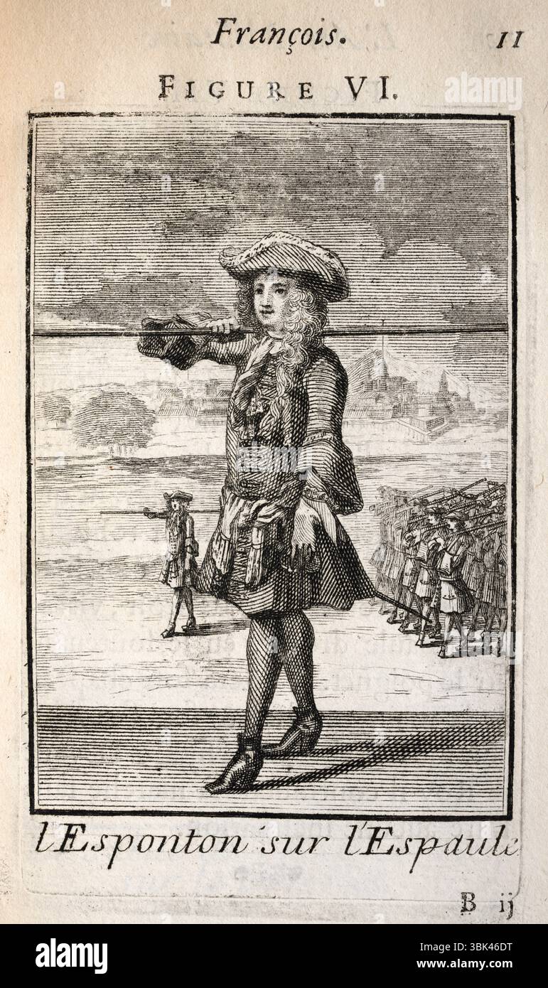 Französische Militärgeschichte, Offizier bewaffnet mit Spontoon, Eponton oder Halb-Hecht, L'Art Militaire Francois, französische Militärkunst, Ende 17. Jahrhundert, 1696 Vintage Illustration Stockfoto