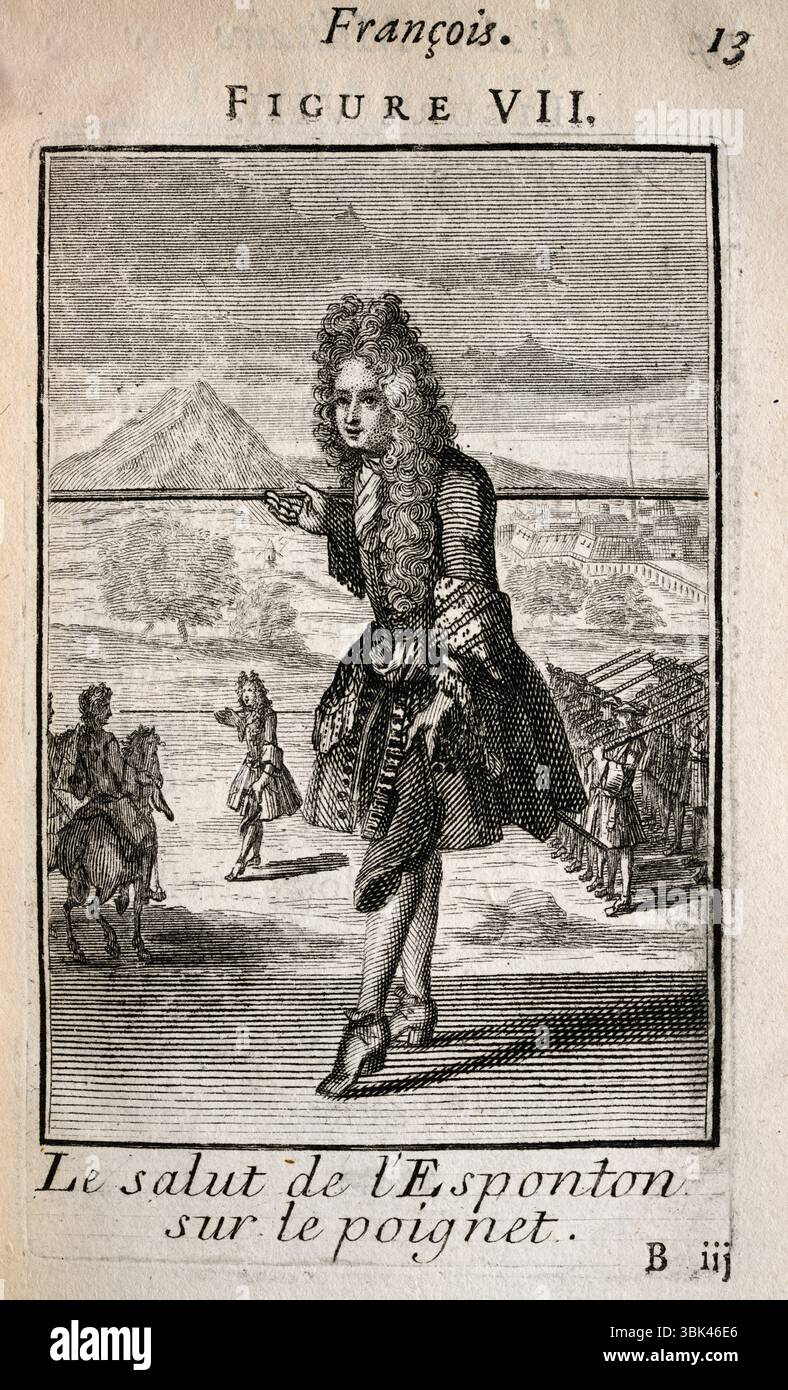 Französische Militärgeschichte, Offizier bewaffnet mit Spontoon, Eponton oder Halb-Hecht, L'Art Militaire Francois, französische Militärkunst, Ende 17. Jahrhundert, 1696 Vintage Illustration Stockfoto