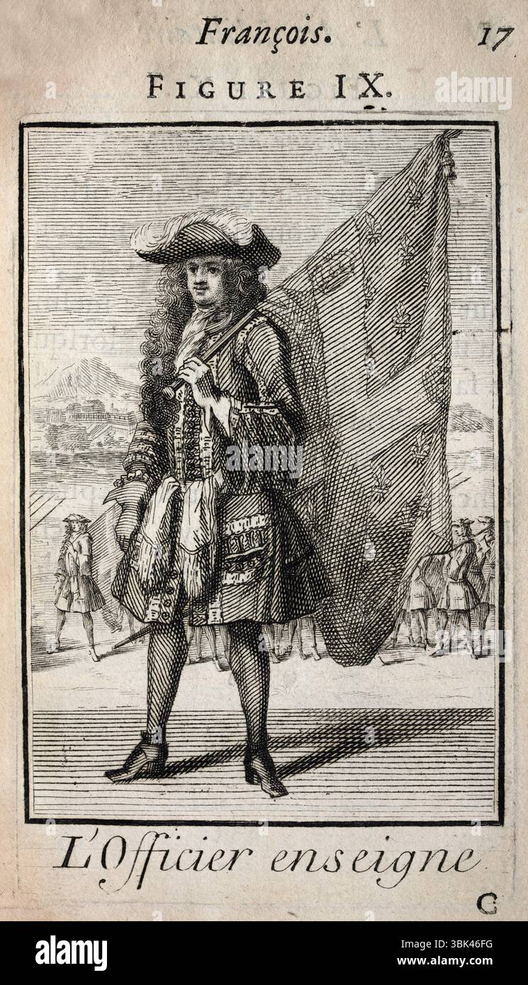 Französische Militärgeschichte, Offizier mit Fähnrich oder Flagge, L'Art Militaire Francois, französische Militärkunst, Ende 17. Jahrhundert, 1696 Vintage Illustration Stockfoto