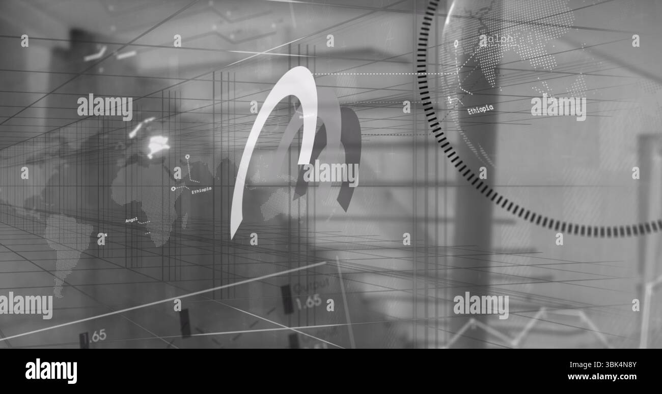 Anzeige eines doppelbogenförmigen Logo-Symbols, das sich über der Benutzeroberfläche im Büro befindet, mit Drahtmodellkarte und Globus Stockfoto